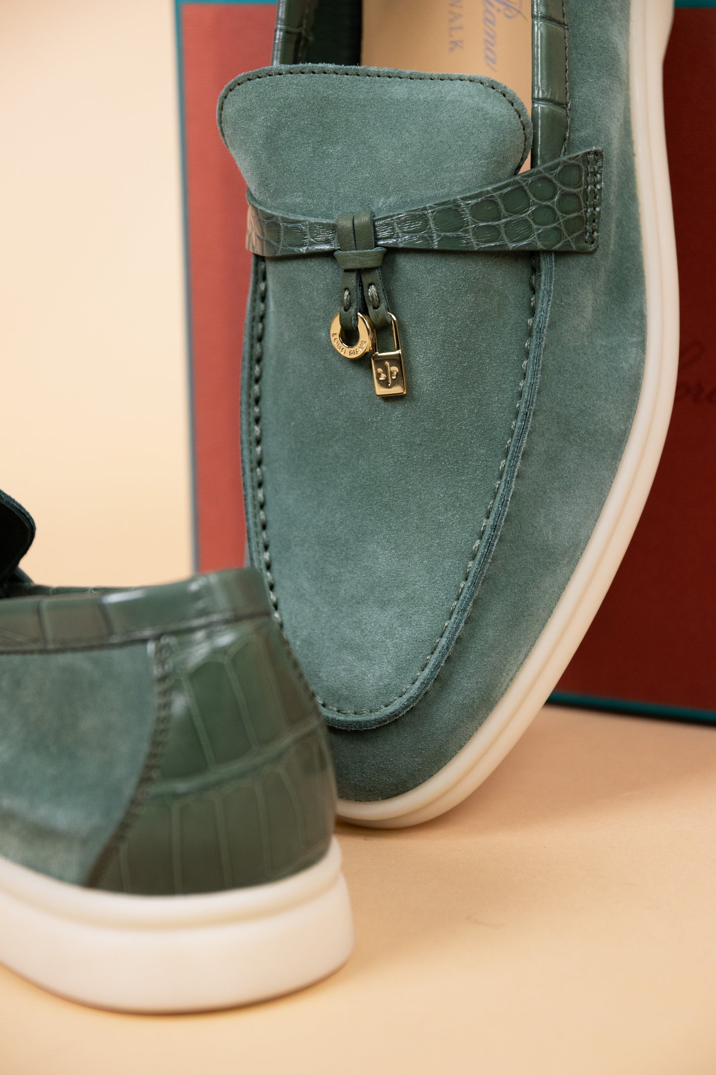 Loro Piana Summer Charms Walk Loafers in Alligator Green Lagoon