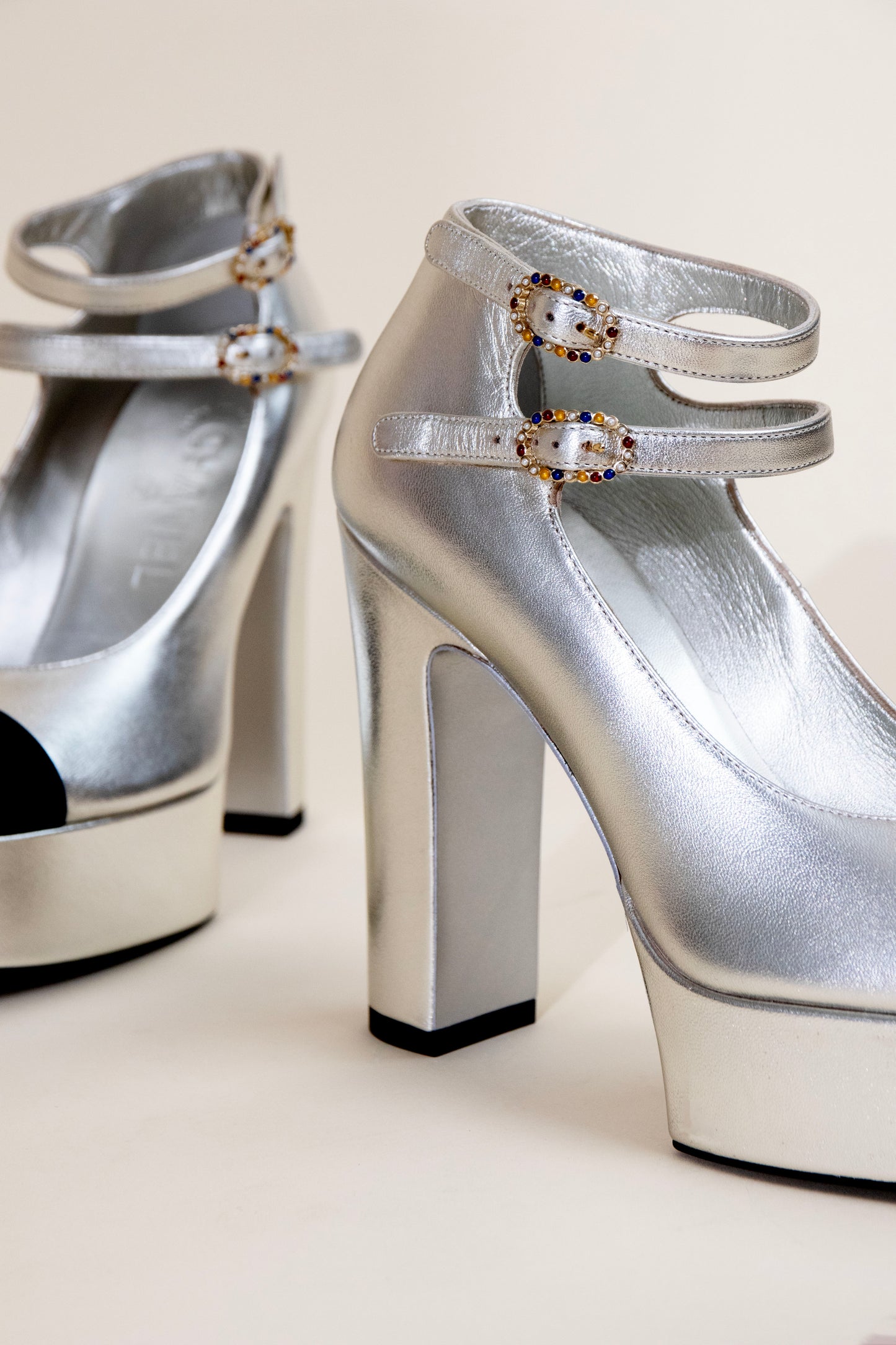 Chanel Mary Janes Laminated Lambskin & Grosgrain in Silver & Black
