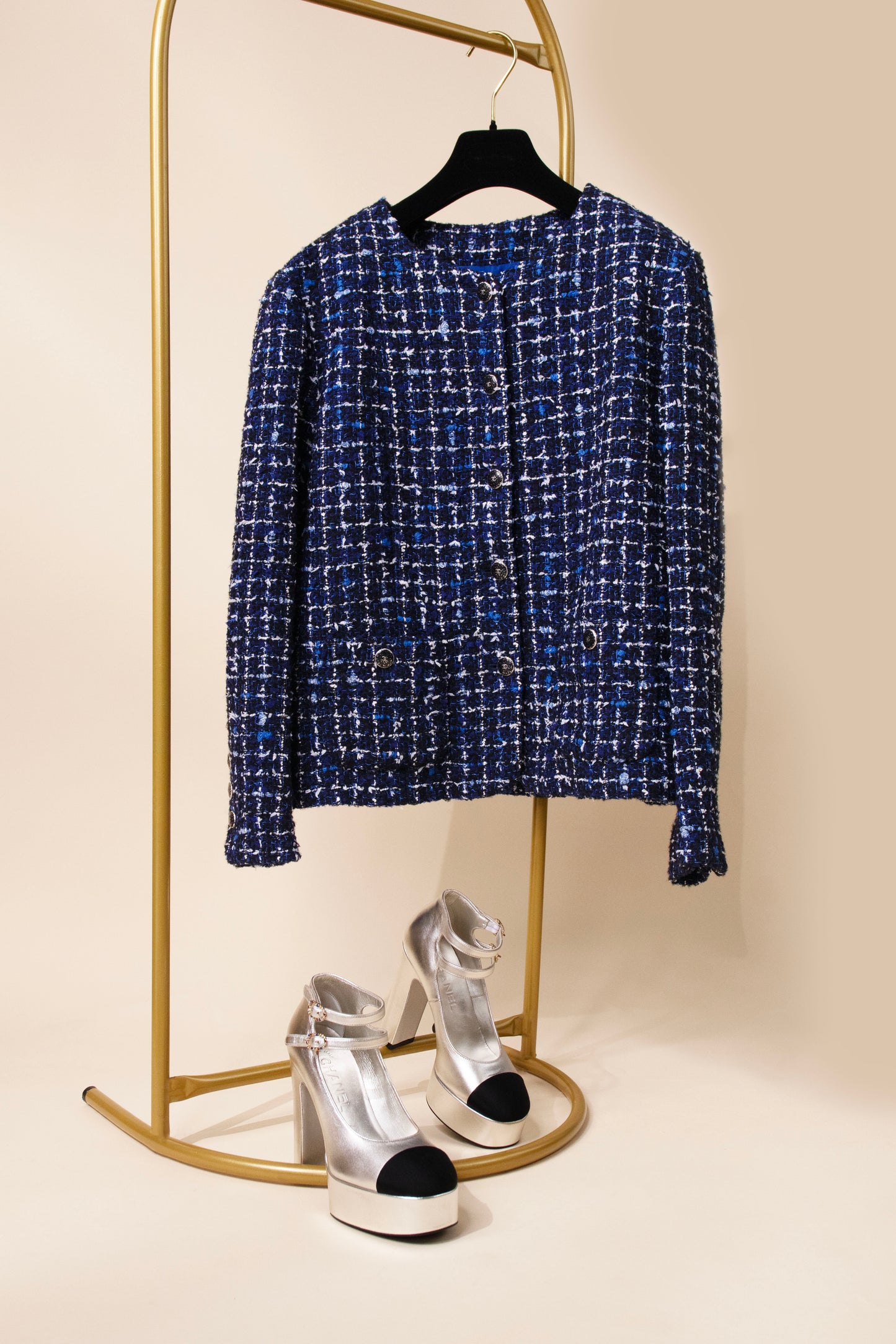 Chanel Blue Tweed Jacket with Silver Mary Janes