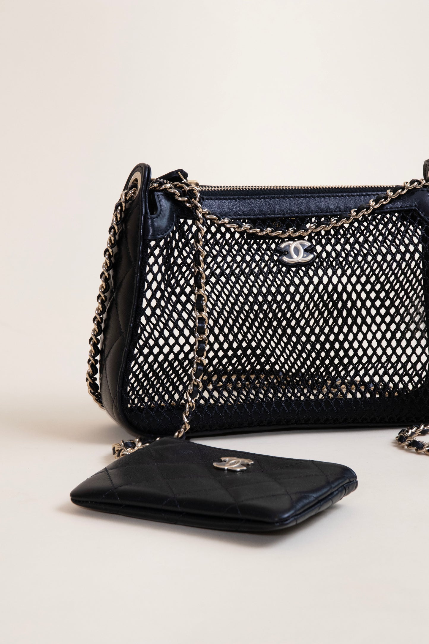 Chanel Mesh Shiny Lambskin Clutch With Chain Black