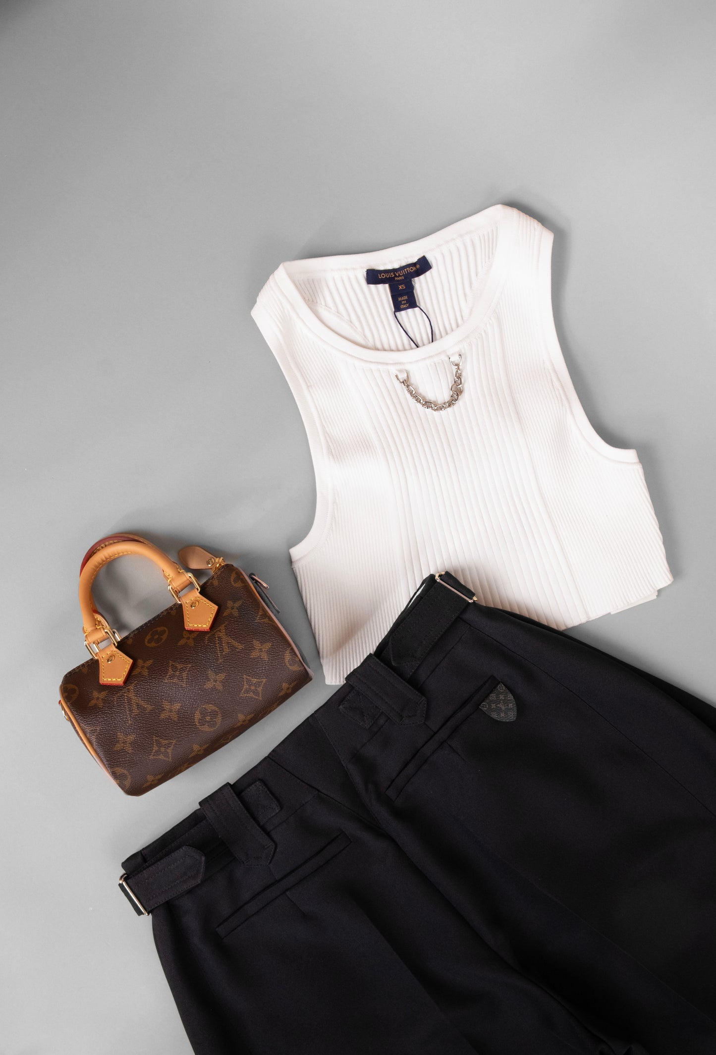 Louis Vuitton White Top & Black Bottoms with Nano Speedy Bag