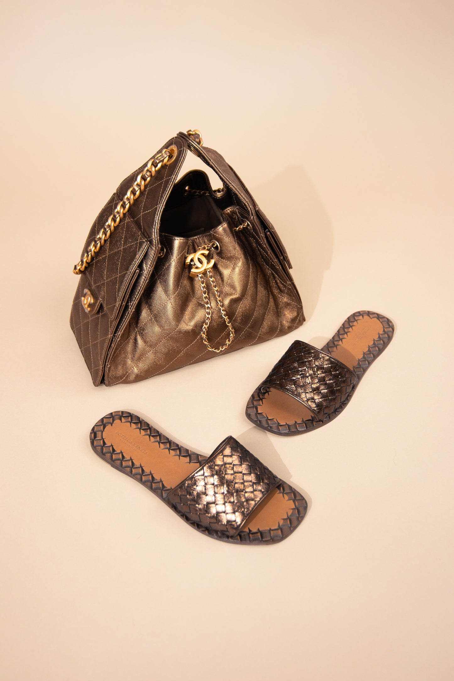 Chanel Hobo 25 Metallic Gold & Bottega Veneta Bronze Sandals