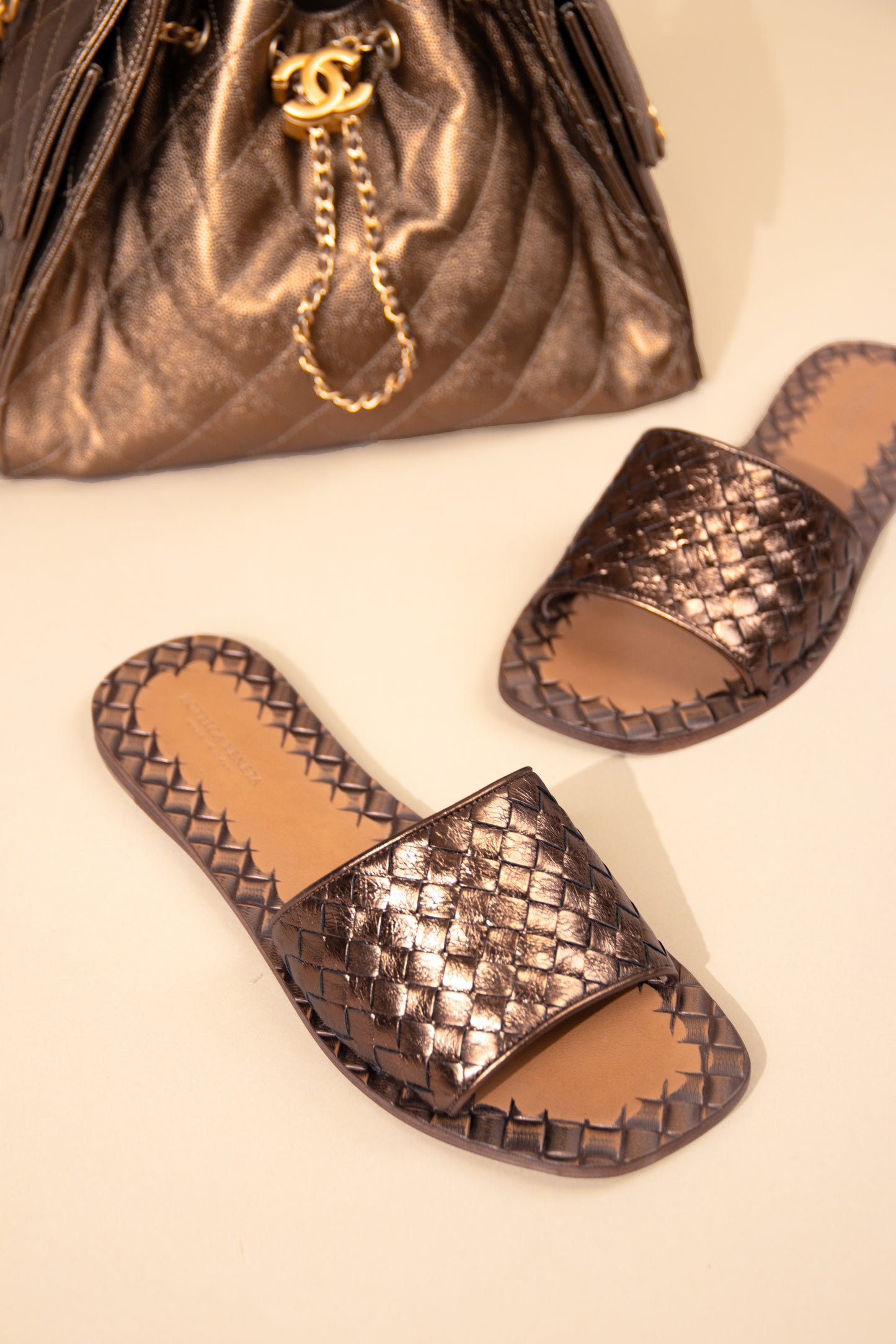 Chanel Hobo 25 Metallic Gold & Bottega Veneta Bronze Sandals