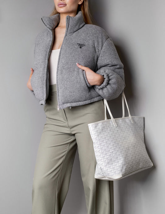 Prada Grey Jacket with Goyard White Artois MM Tote