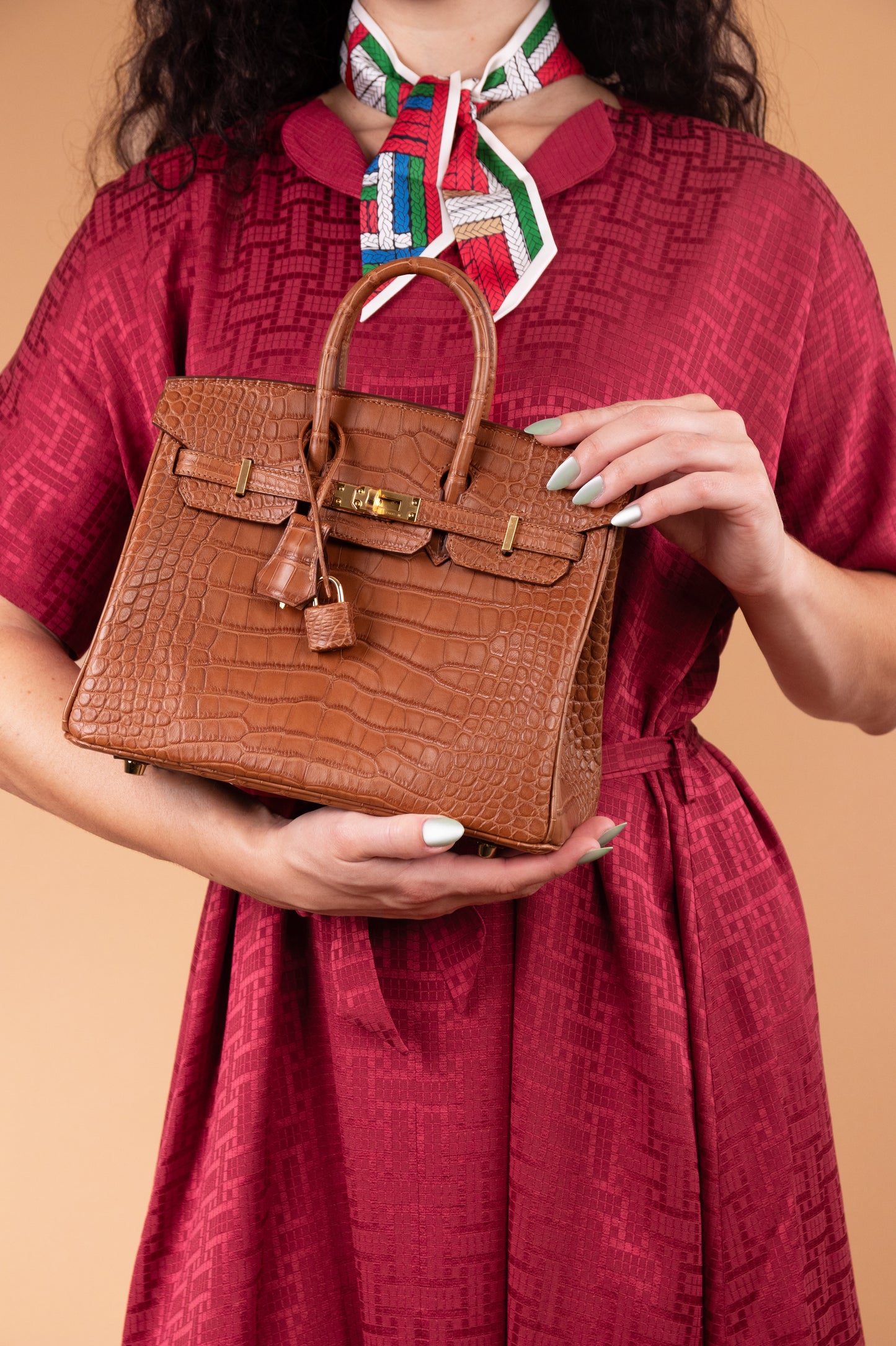 Hermès "Mosaique" Belted Rose Framboise Caftan & Birkin 25 Matte Crocodile Gold with White Chypre Sandals