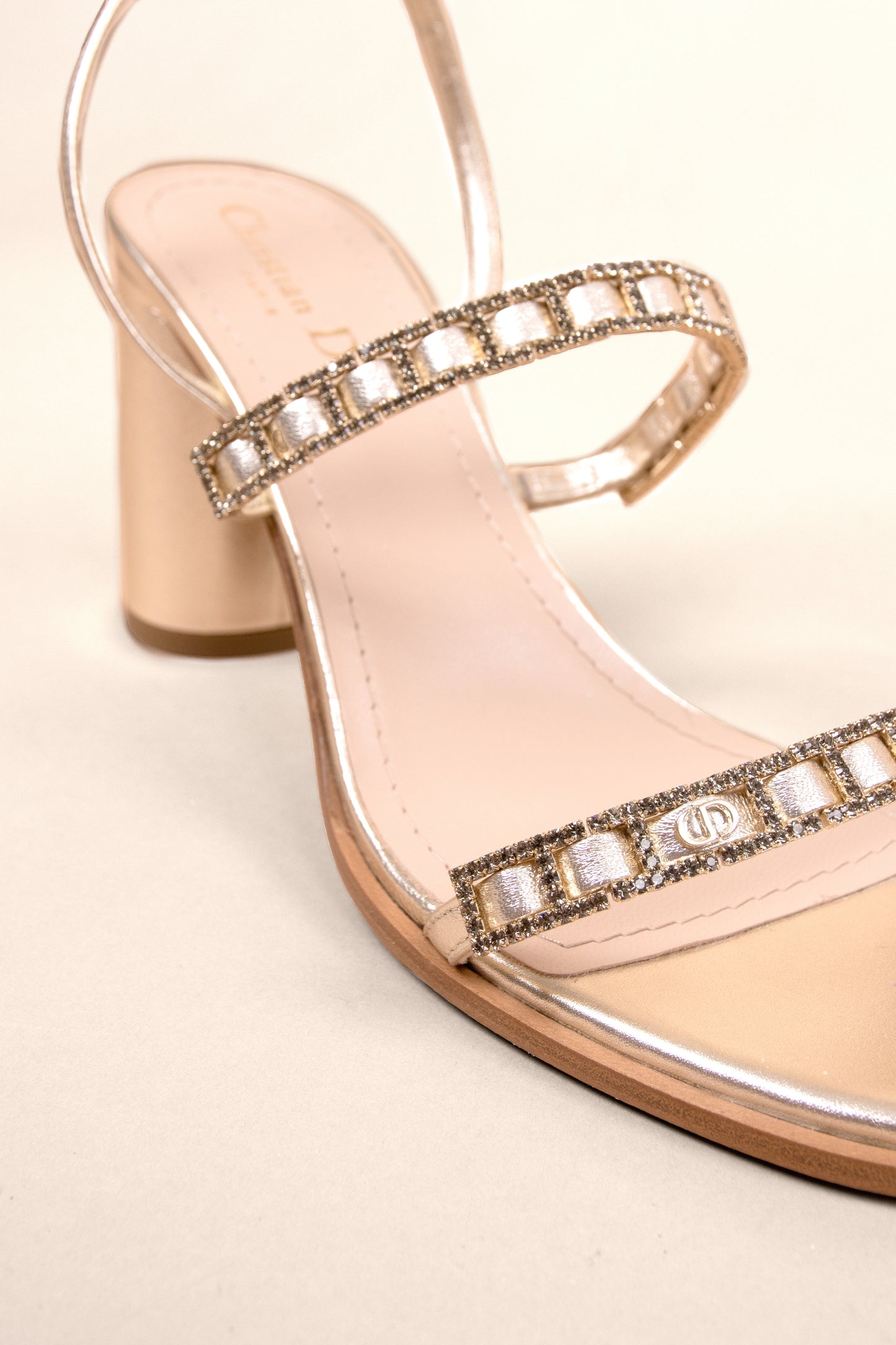 Dior Diorissime Heeled Sandals Gold-Tone Laminated Lambskin & Silver-Tone Strass