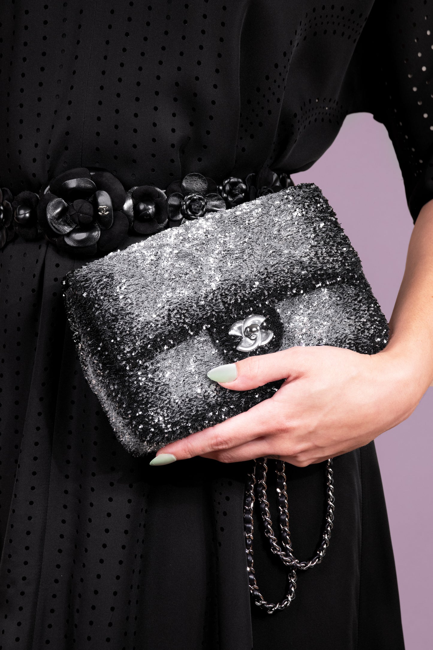 Chanel Mini Sequins Silver/Black Flap Bag with Black Flower Belt