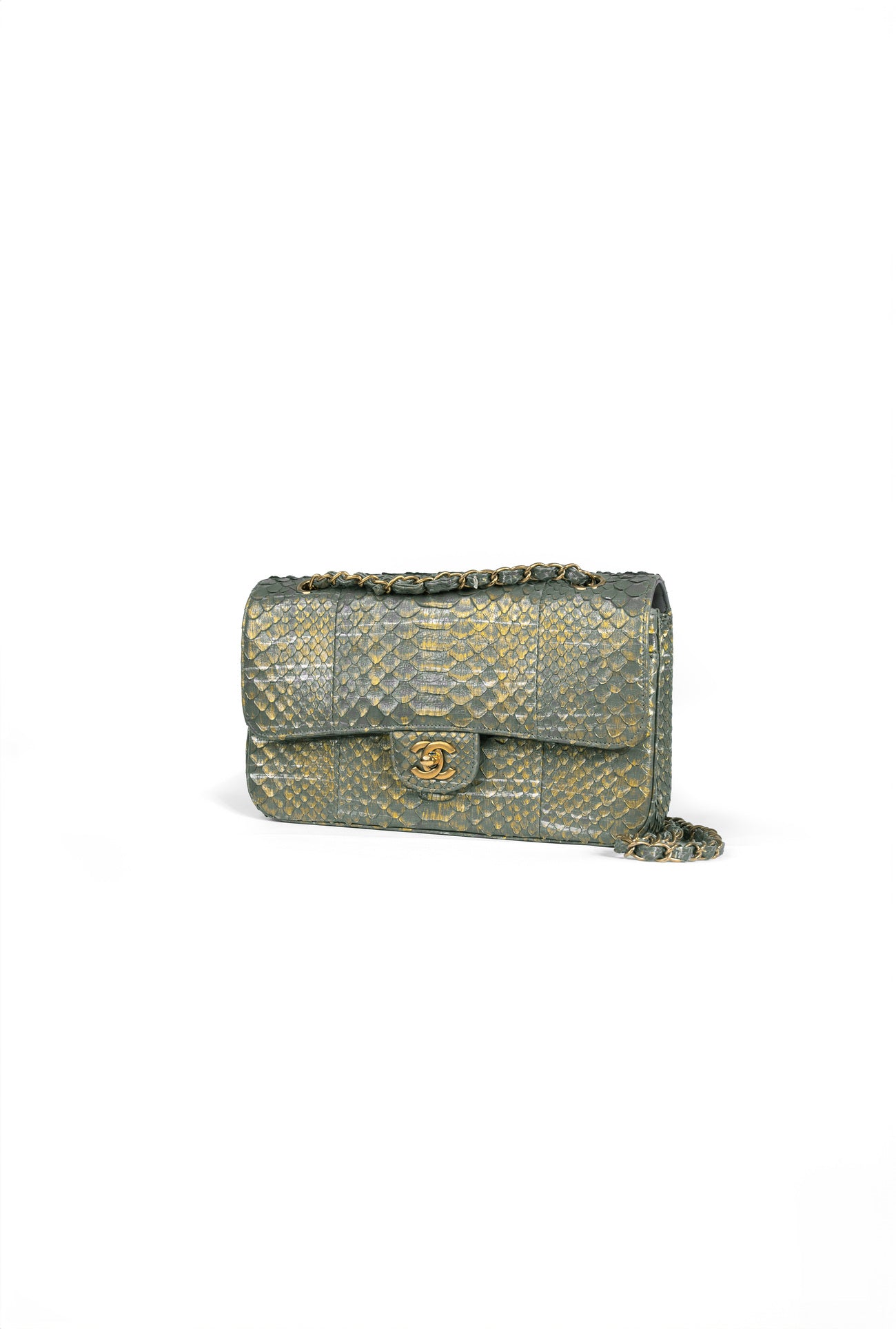 Chanel Medium Metallic Green Python