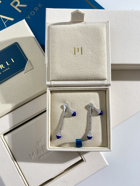 أقراط مارلي الماسية من الذهب الأبيض المتدلية مع حجر اللازورد