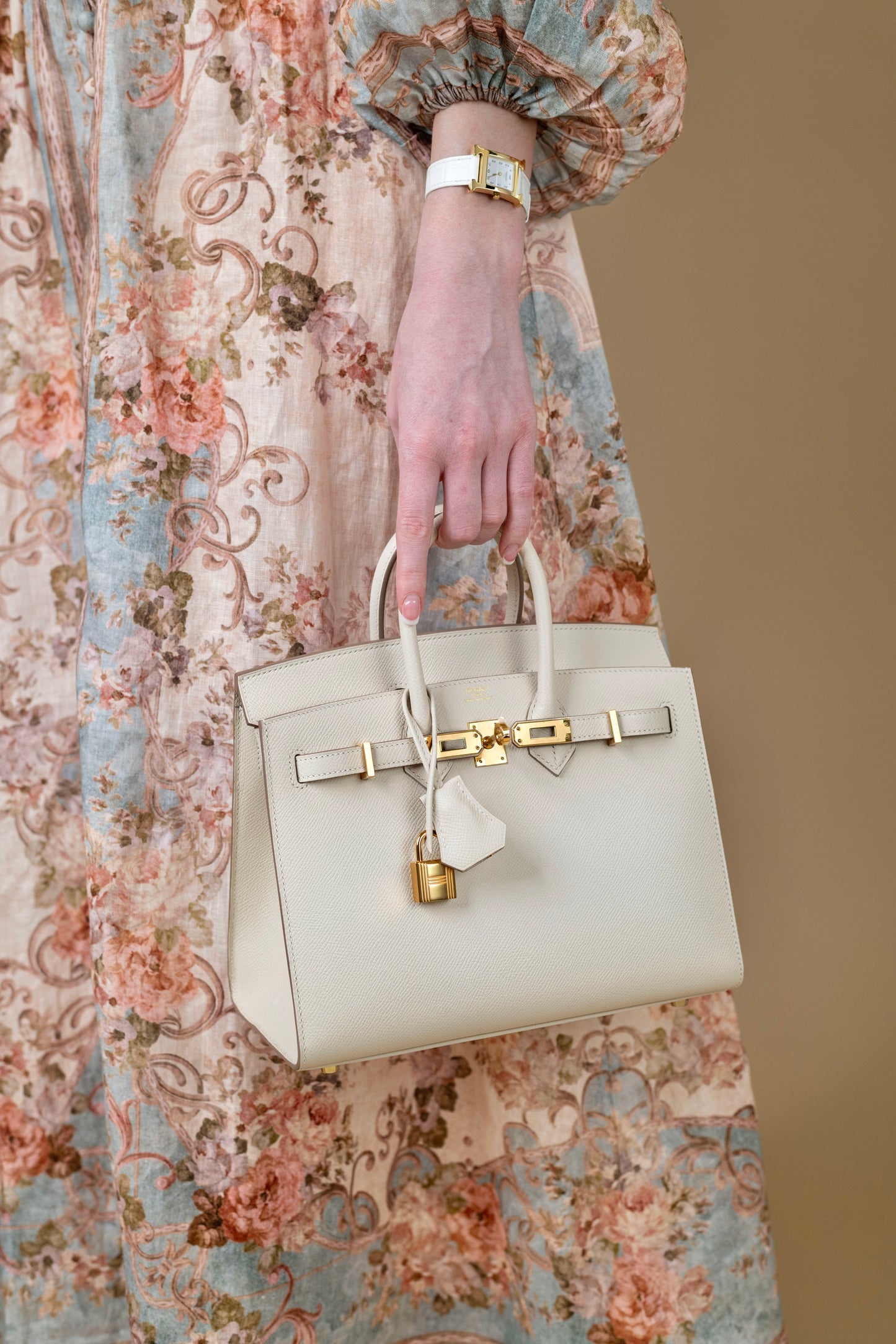 Hermès Birkin 25 Epsom Sellier Craie GHW with Heure H Watch 25mm White Alligator Strap