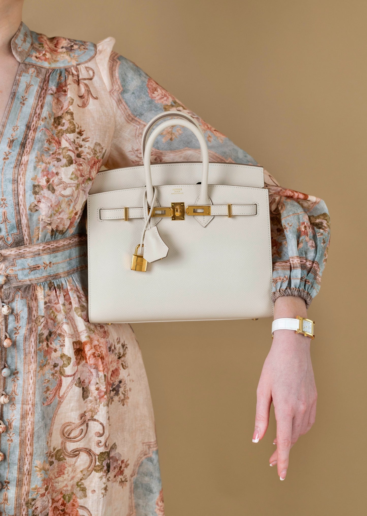 Hermès Birkin 25 Epsom Sellier Craie GHW with Heure H Watch 25mm White Alligator Strap