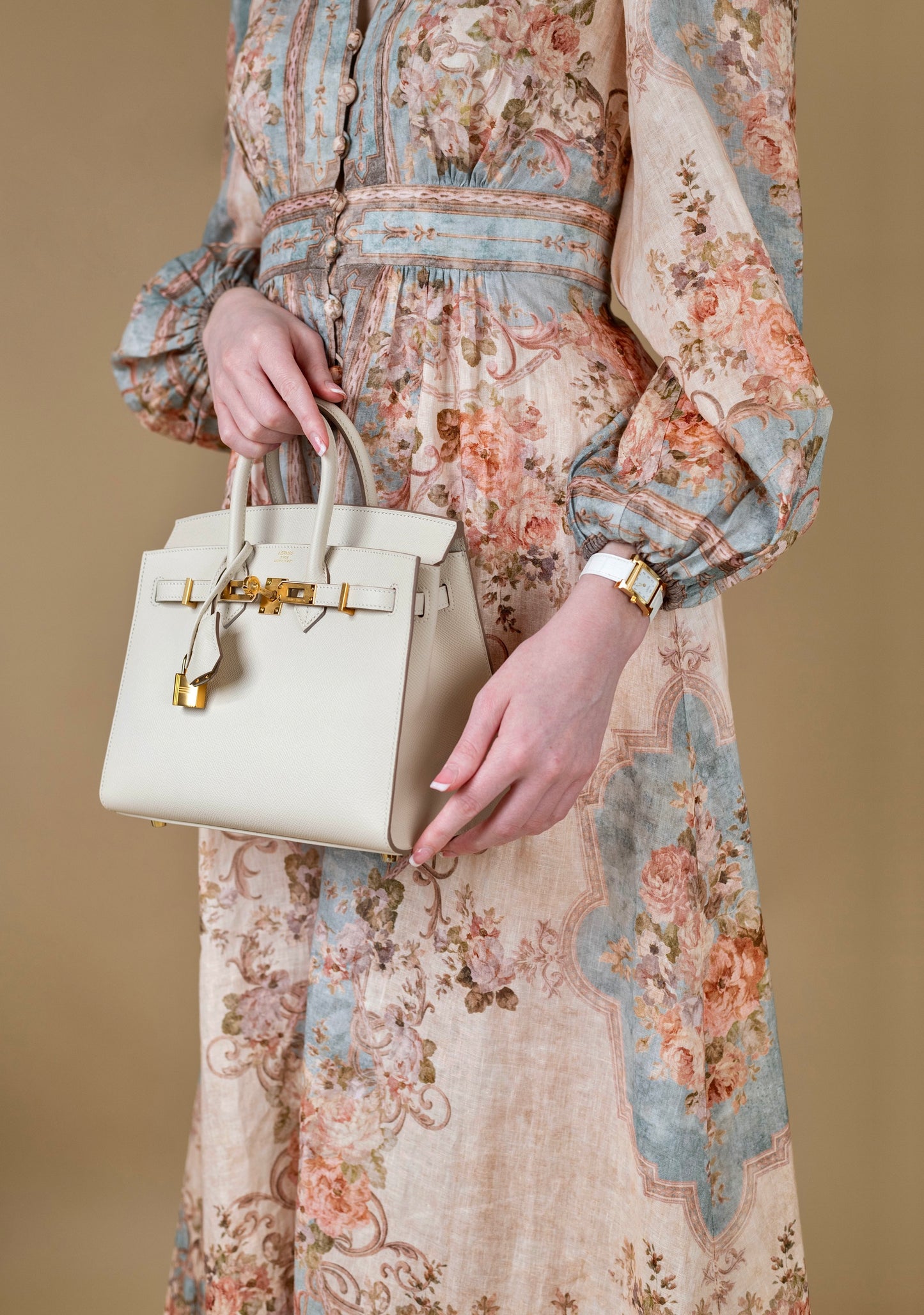 Hermès Birkin 25 Epsom Sellier Craie GHW with Heure H Watch 25mm White Alligator Strap