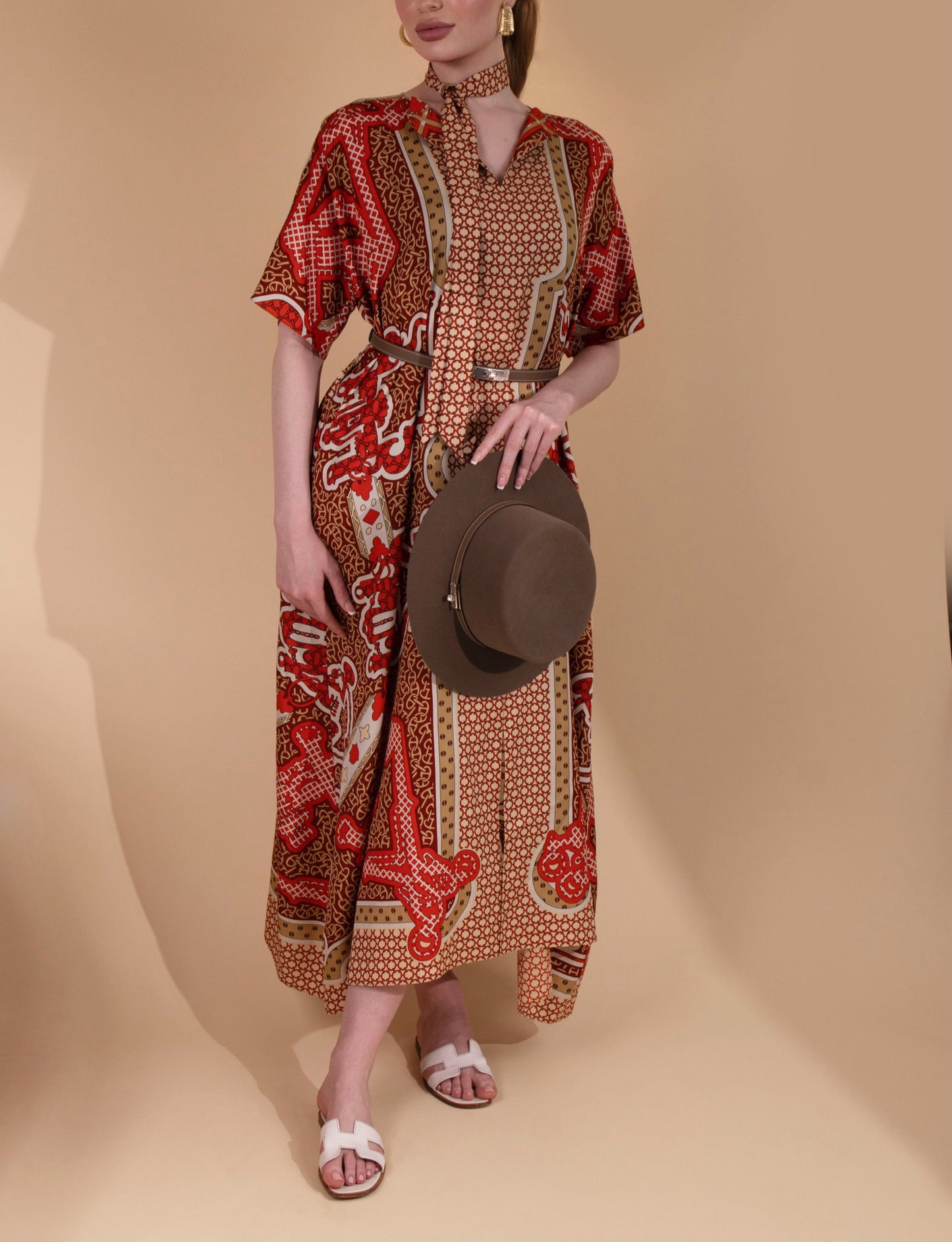 Hermès Etoupe Hampton Hat with "Mors et Gourmettes" Belted Caftan in Rouge De Turin