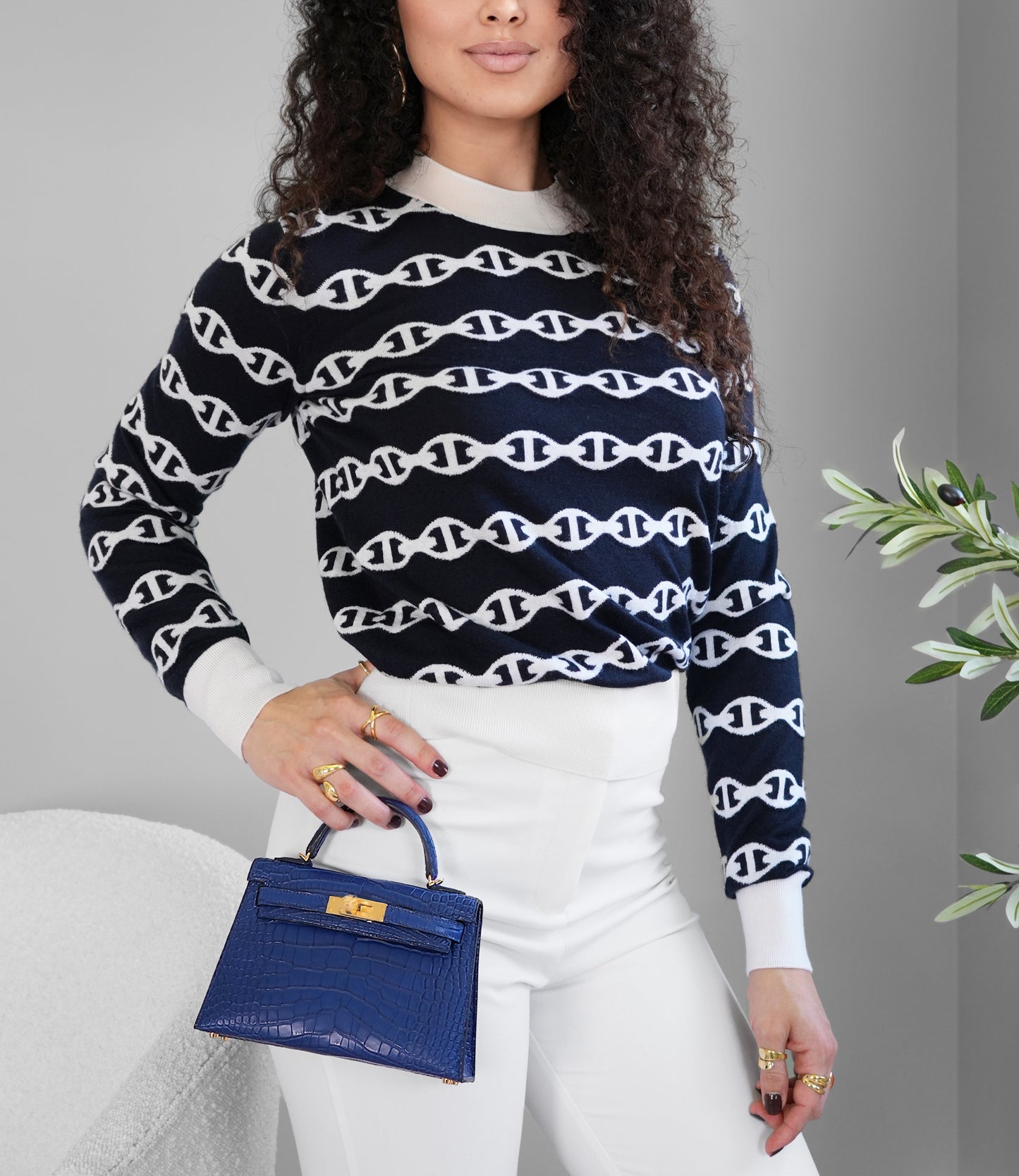 Hermès Mini Kelly Matte Crocodile Blue Sapphire GHW with "Chaine d'Ancre" Long-Sleeve Sweater