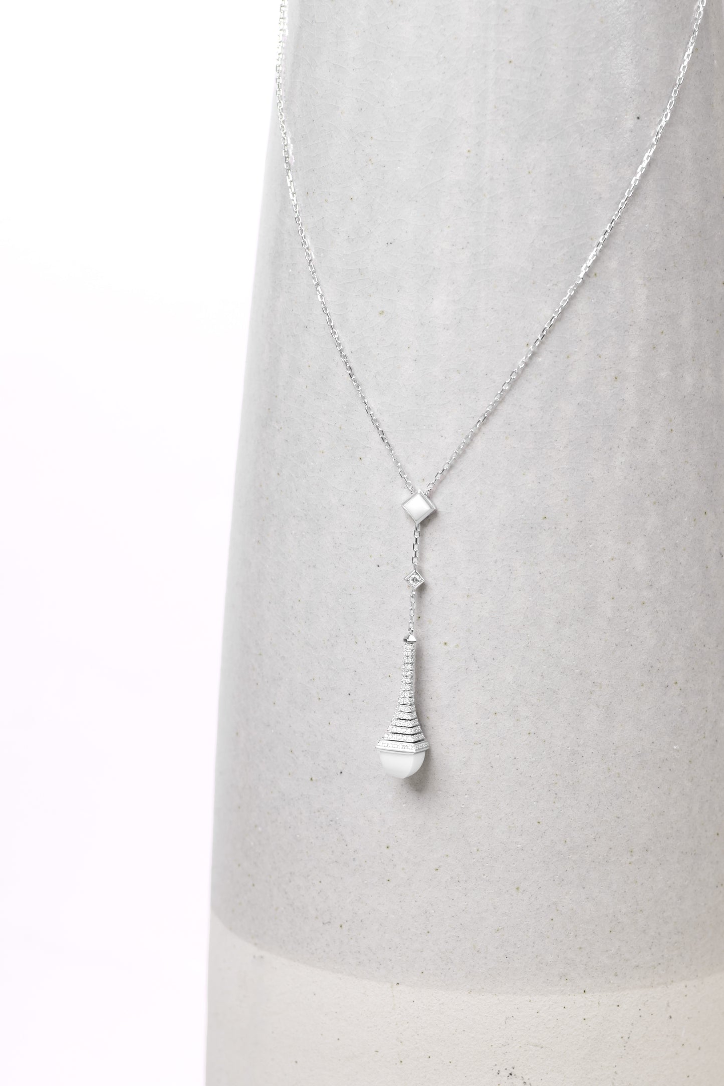 Marli Cleo Rev White Gold Diamond/White Agate Long Chain Drop Pendant Necklace