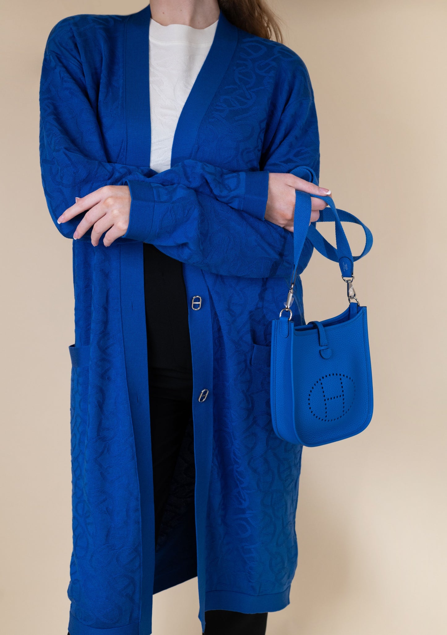 Hermès Maille Naoussa Cardigan in Bleu Nautique with Mini Evelyne in Blue France