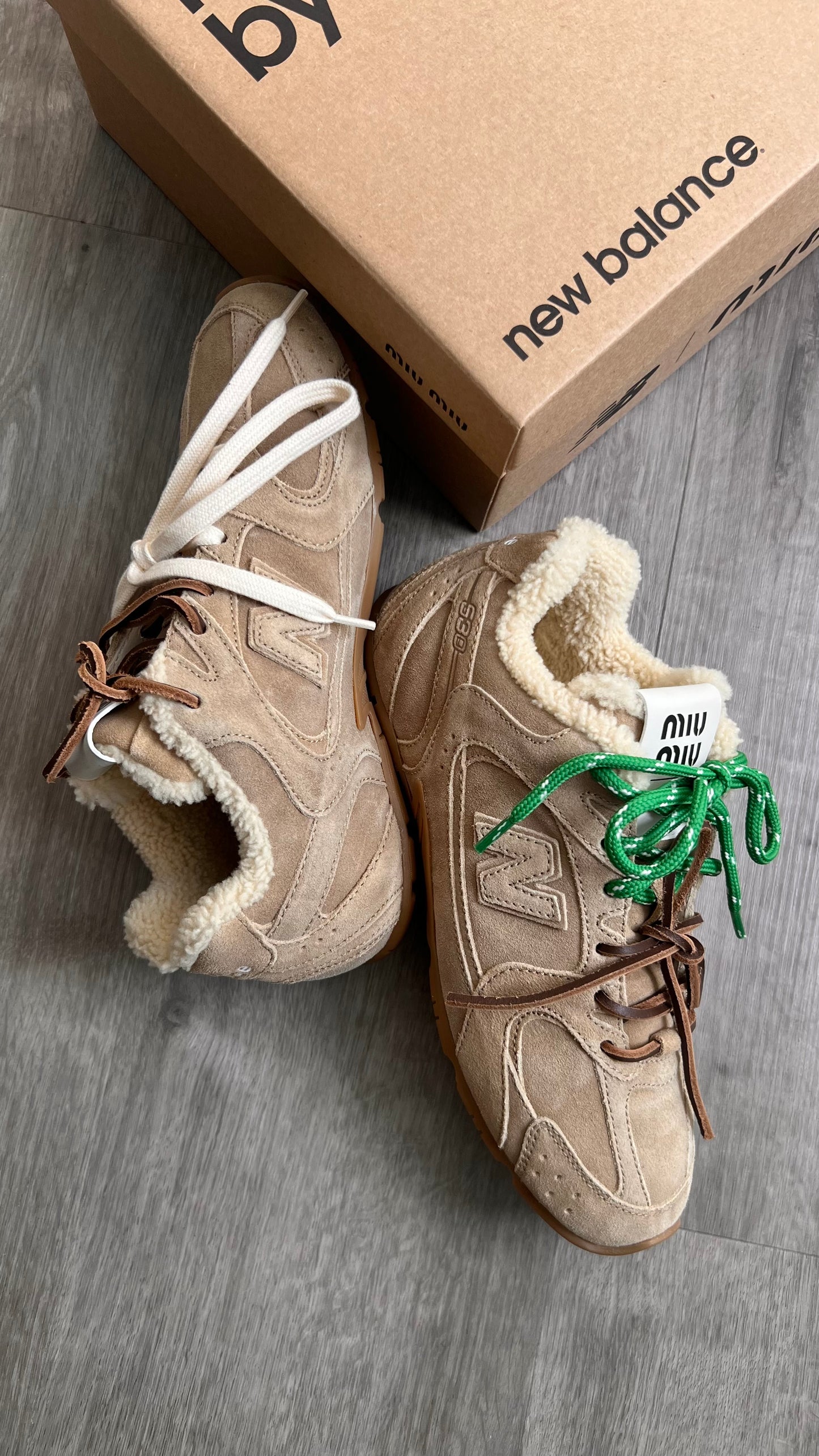 New Balance X Miu Miu - Suede Shearling Sneakers in Ecru