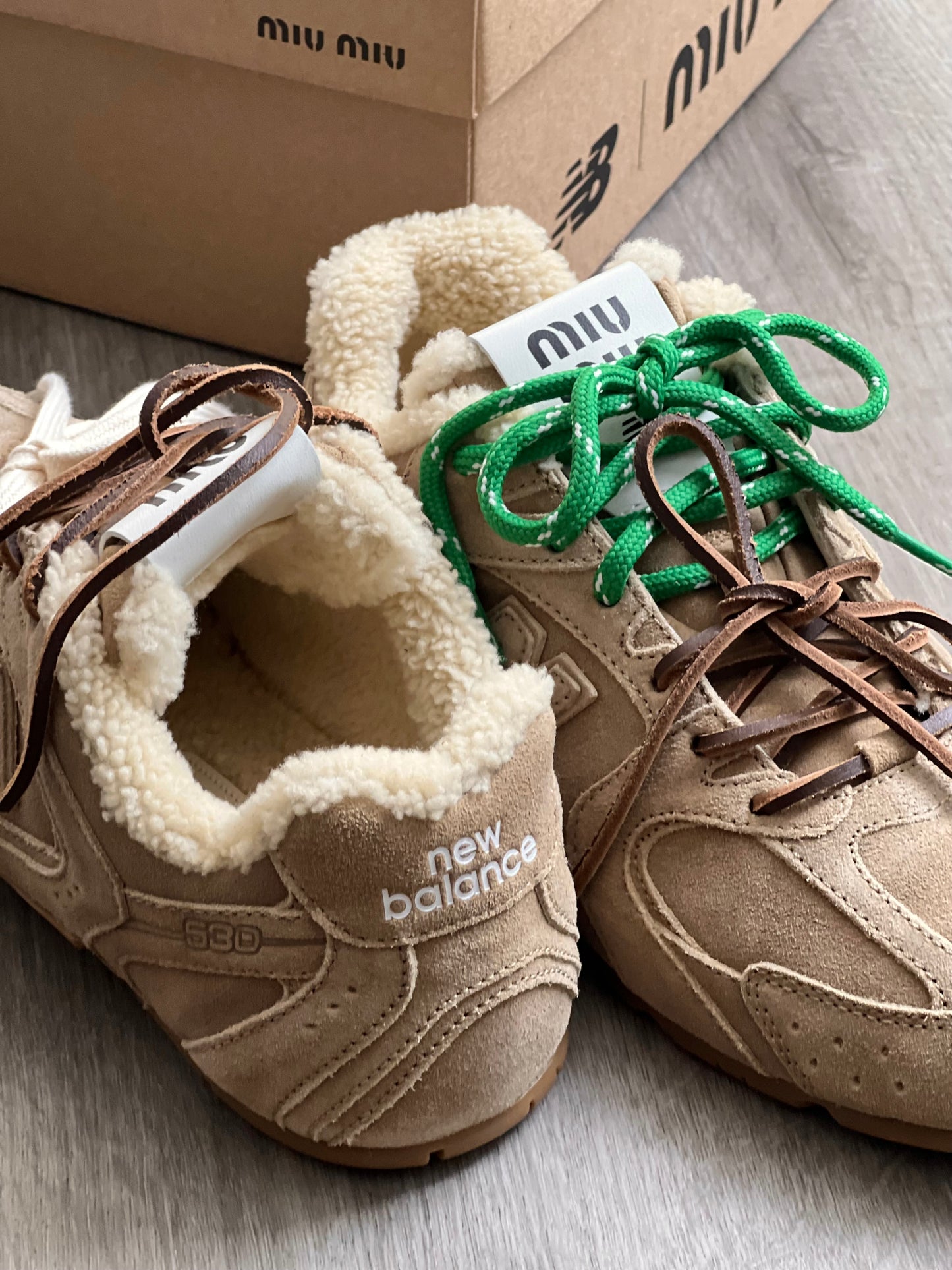 New Balance X Miu Miu - Suede Shearling Sneakers in Ecru
