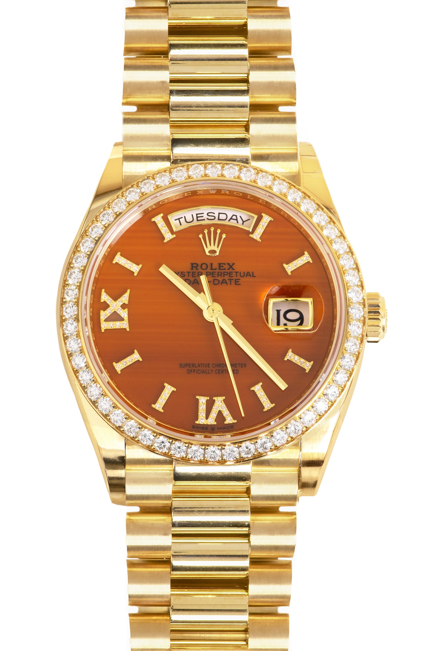 Rolex Day-Date 36mm in Yellow Gold with Diamond Carnelian Dial