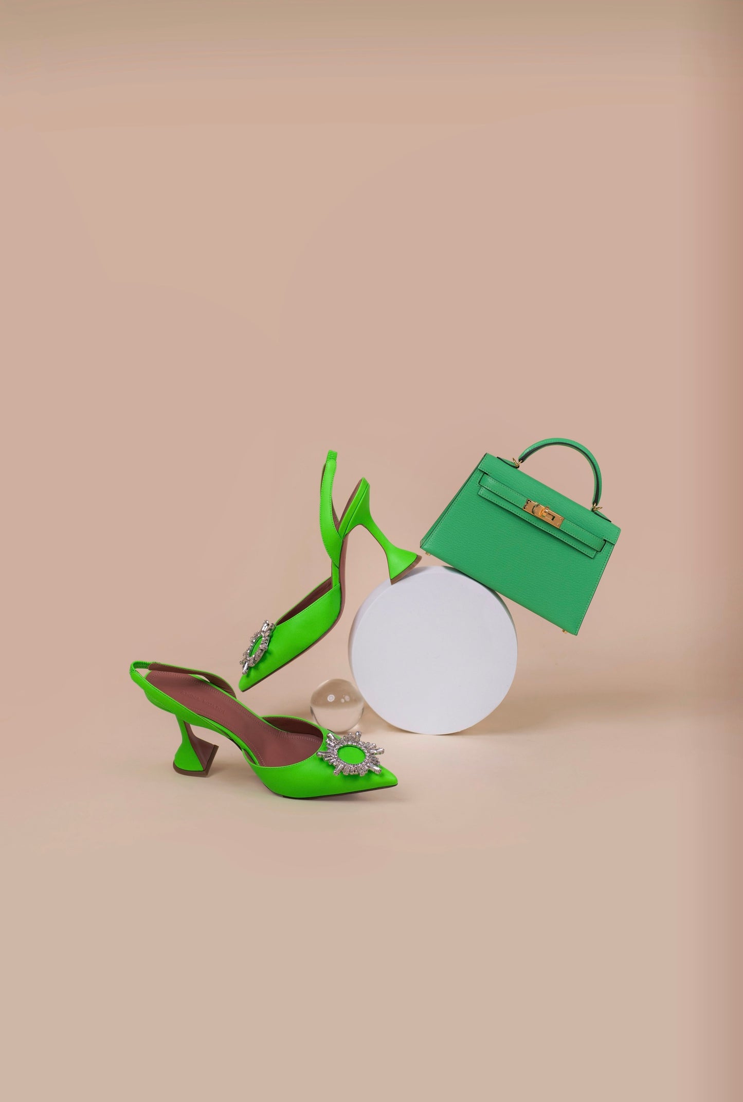 Hermès Mini Kelly in Vert Comics with Amina Muaddi Green Slingback