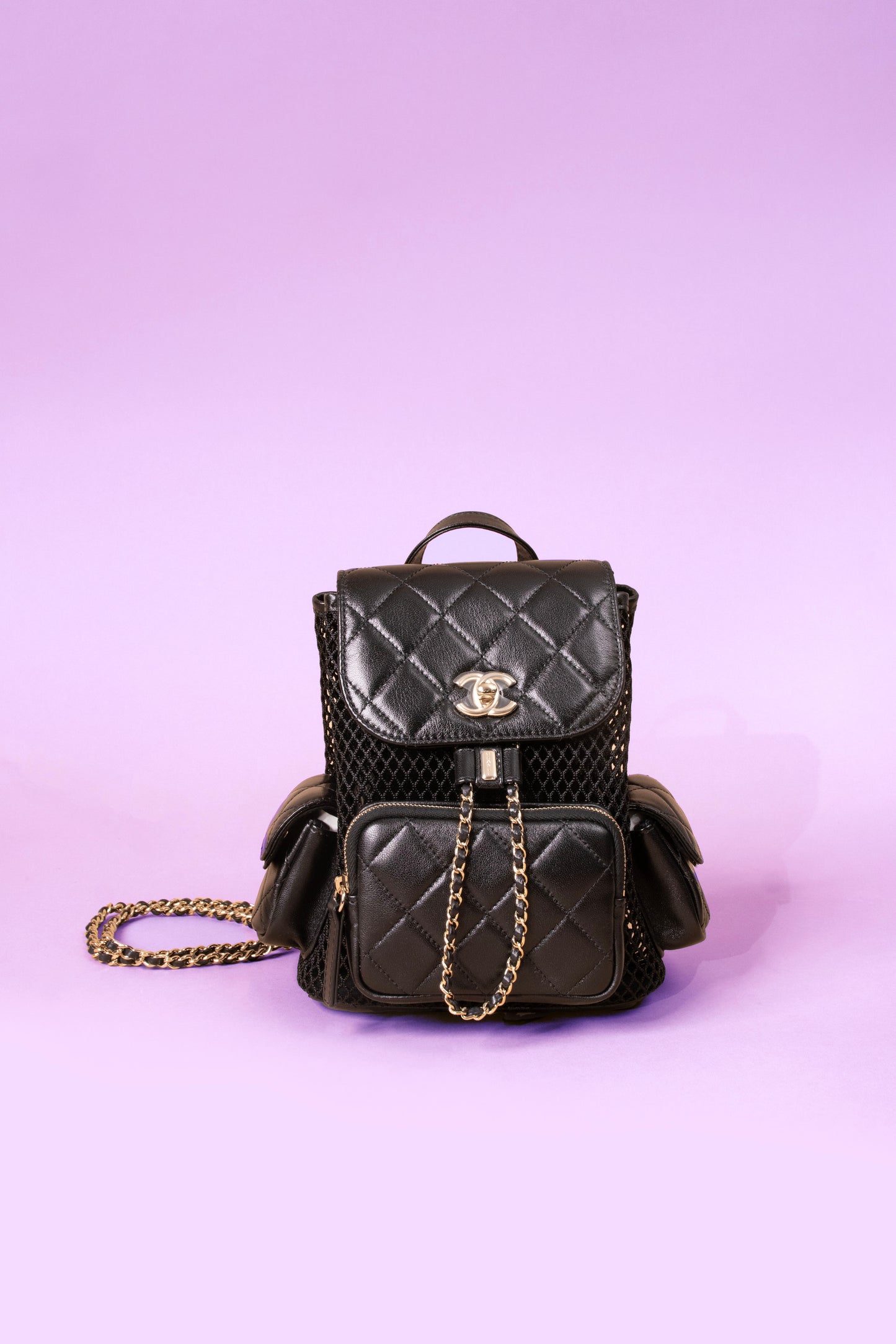 Chanel Black Backpack Mesh, Shiny Lambskin & Gold-Tone Metal