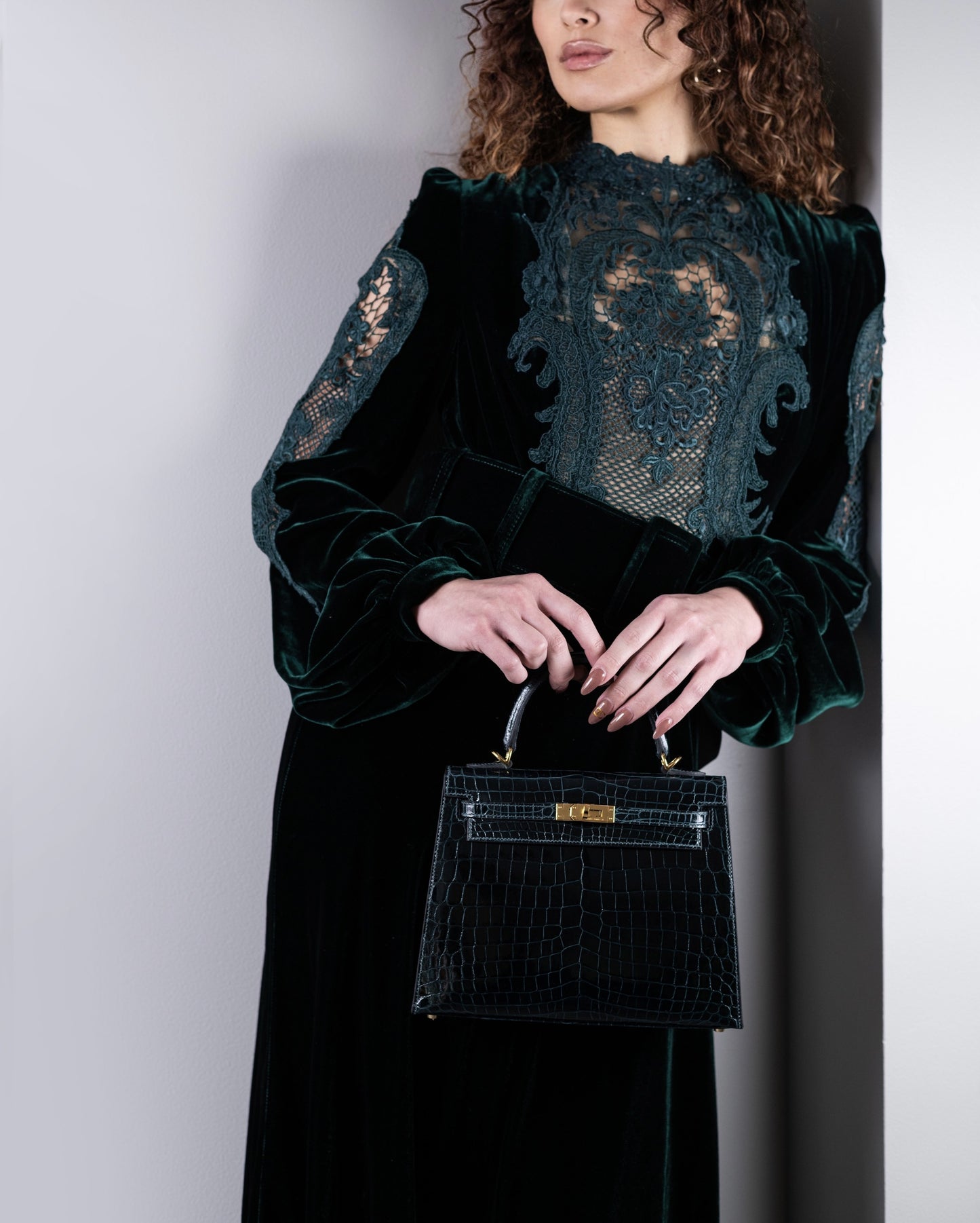 Hermès Kelly 25 Shiny Crocodile Vert Cypress with Costarellos Dark Green Velvet Gown