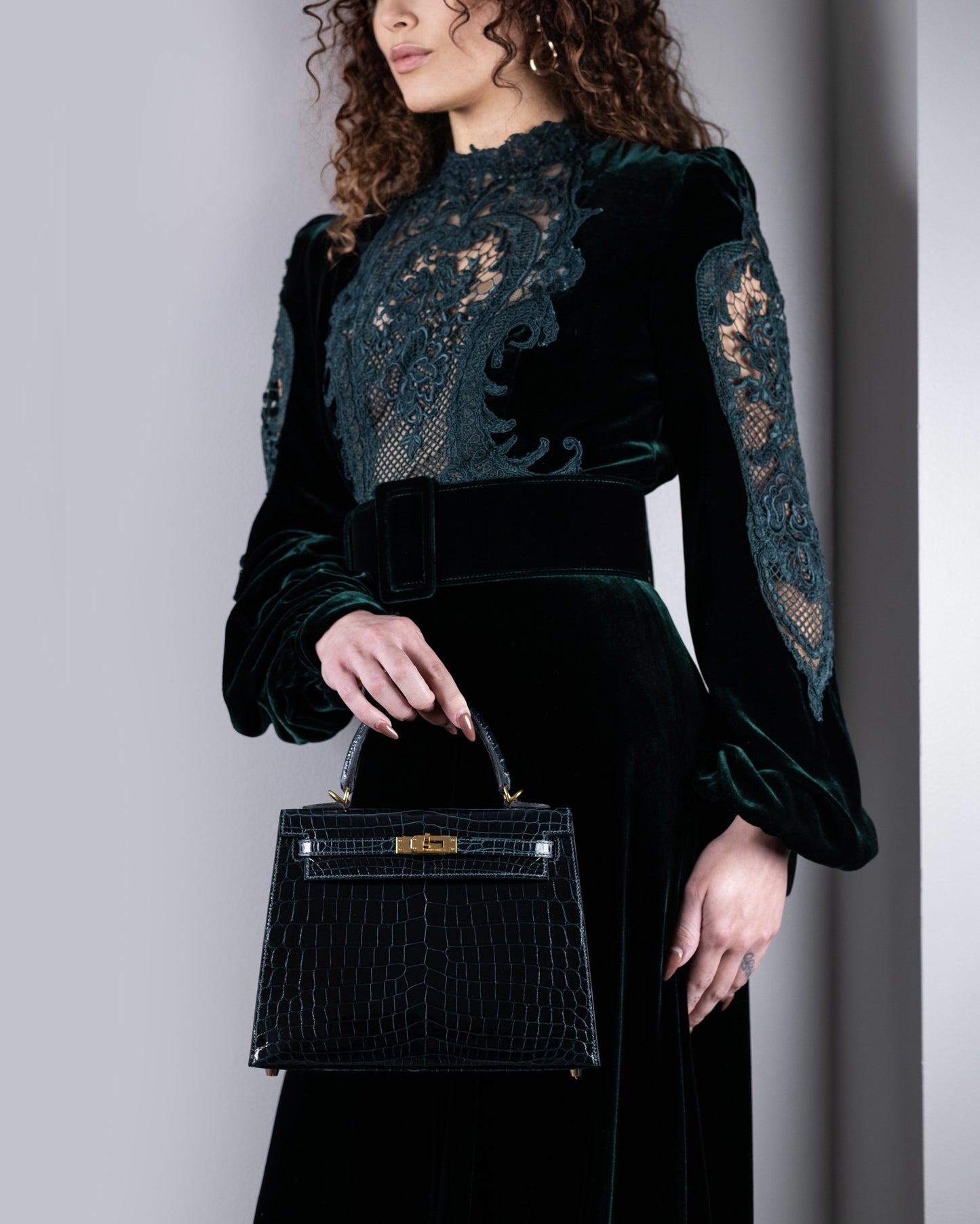 Hermès Kelly 25 Shiny Crocodile Vert Cypress with Costarellos Dark Green Velvet Gown