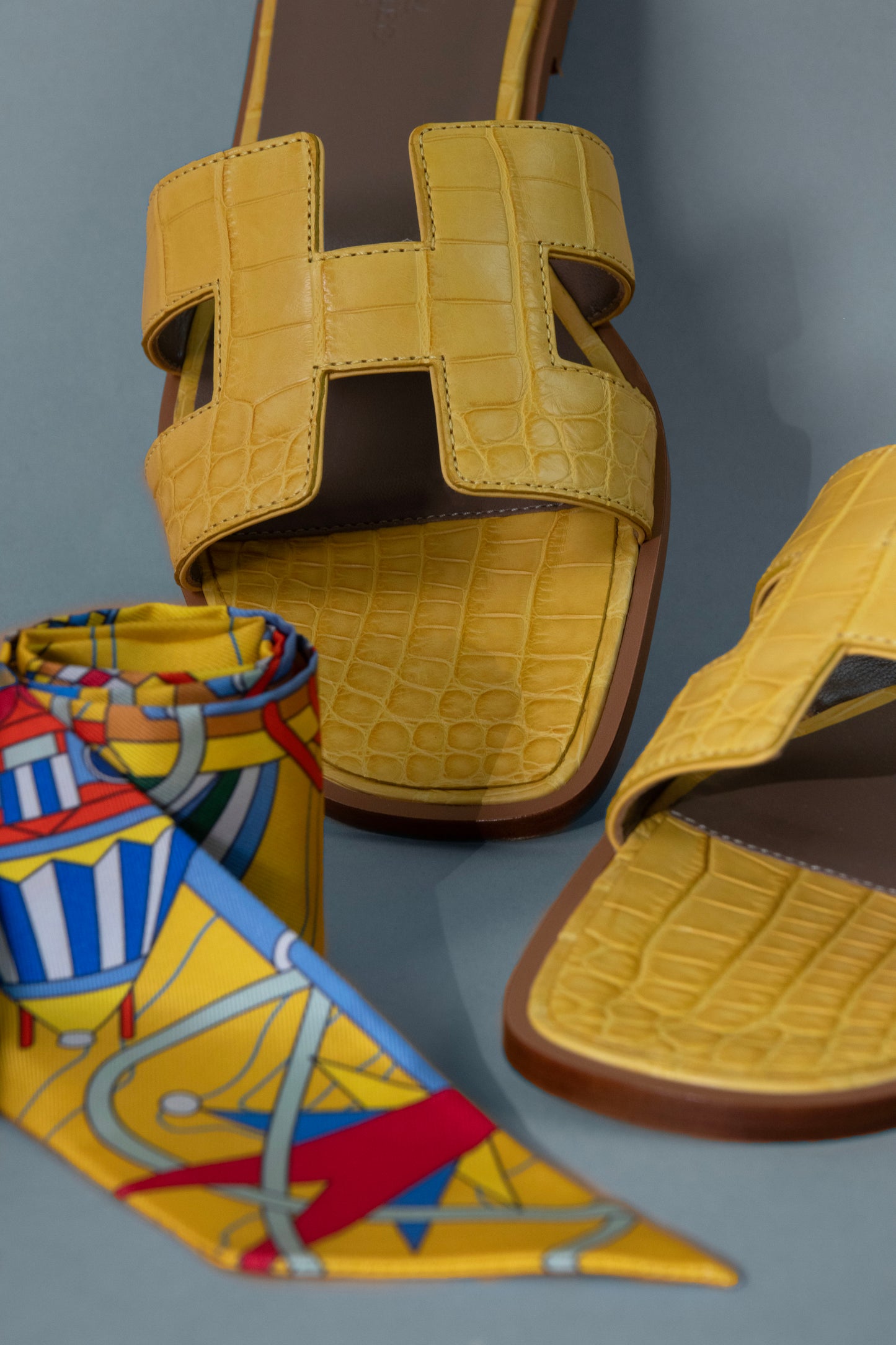 Hermès Oran Sandals in Shiny Alligator Jaune Ambre