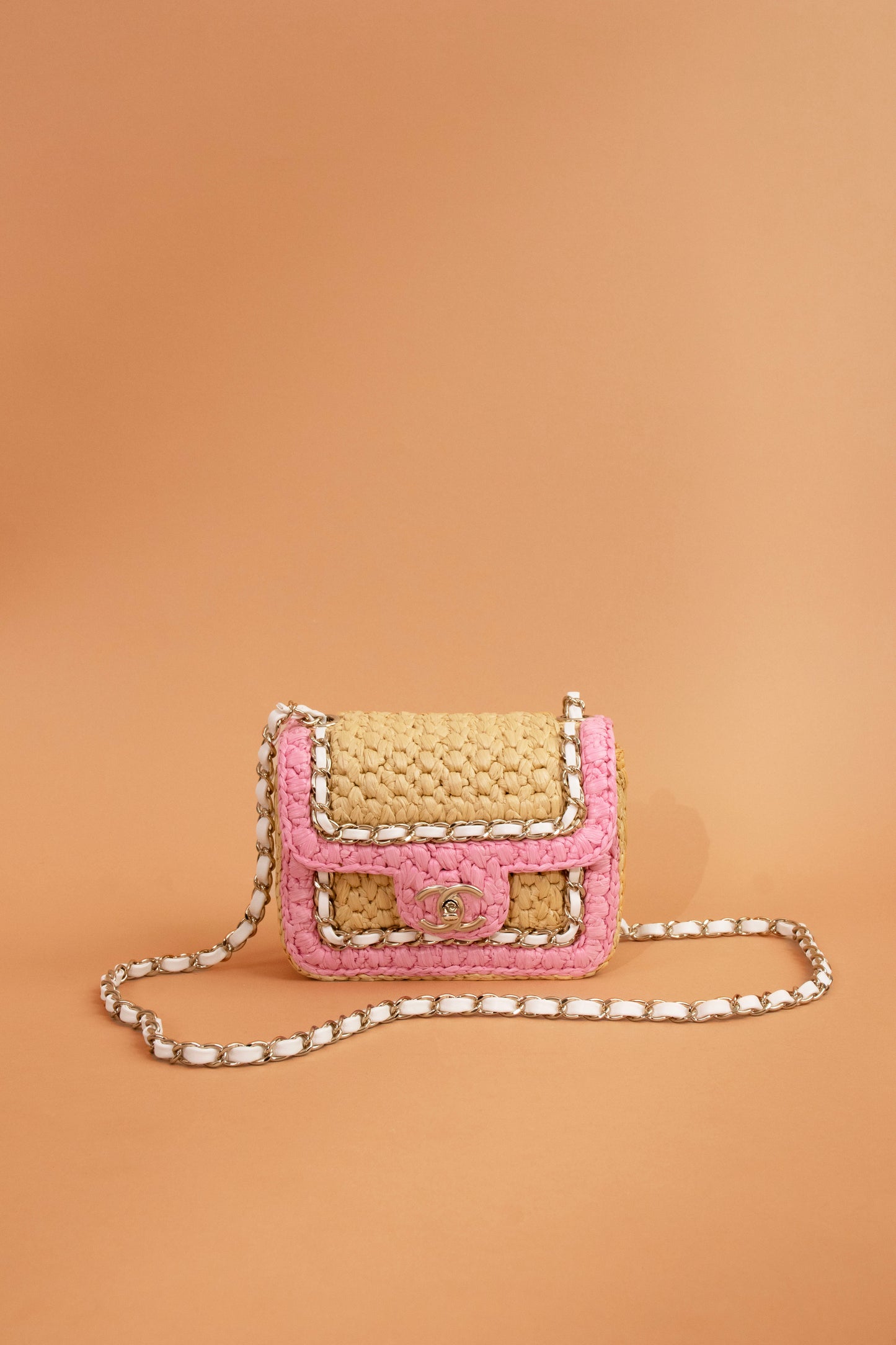 Chanel Mini Flap Bag in Braided Raffia/Pink/White