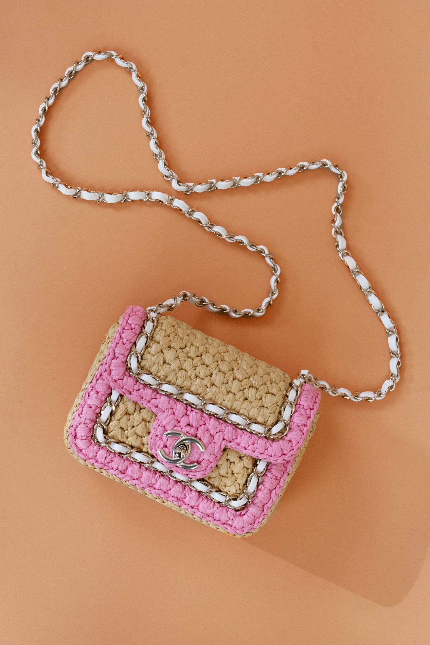Chanel Mini Flap Bag in Braided Raffia/Pink/White