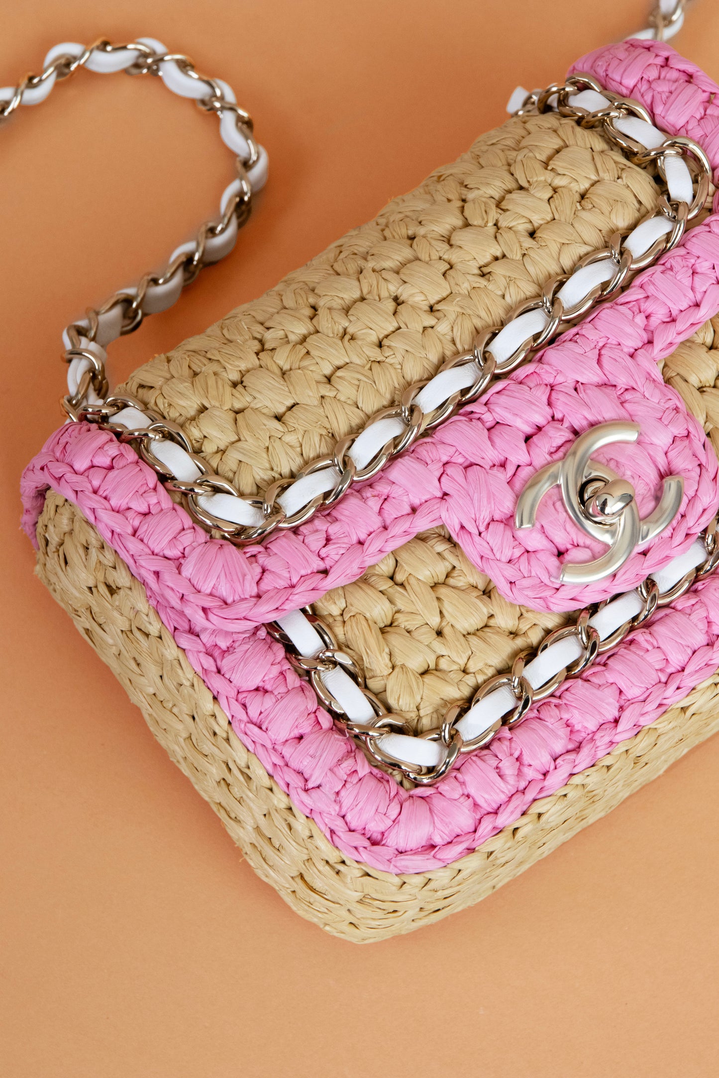 Chanel Mini Flap Bag in Braided Raffia/Pink/White
