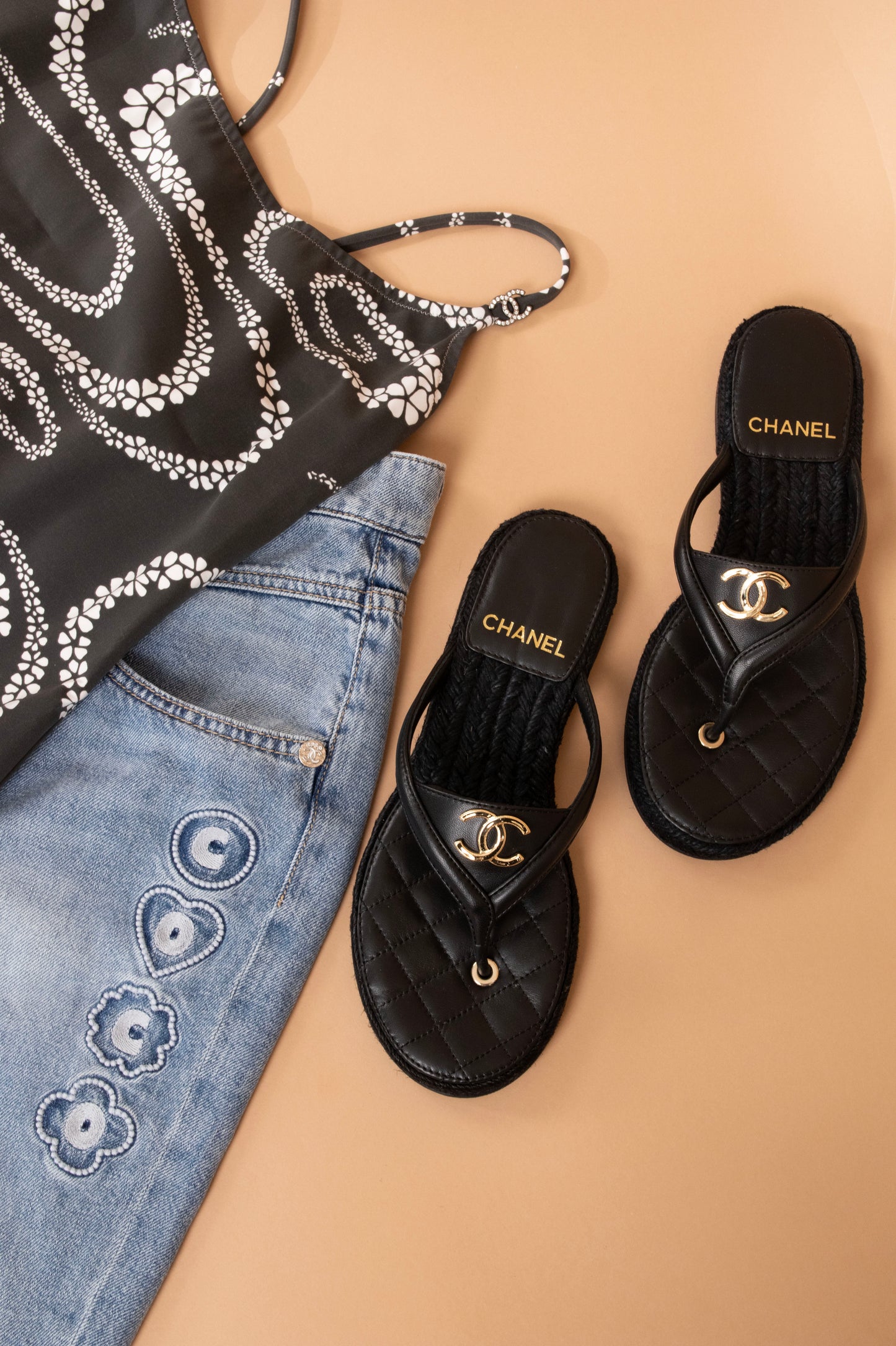 Chanel Swimsuit with Denim Jeans & Thong Sandals in Black Suede Kidskin