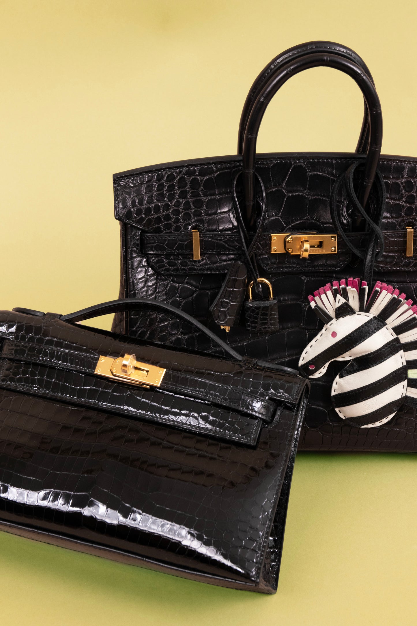 Hermès Birkin 25 Matte Crocodile Black & Kelly Pochette Shiny Alligator Black GHW