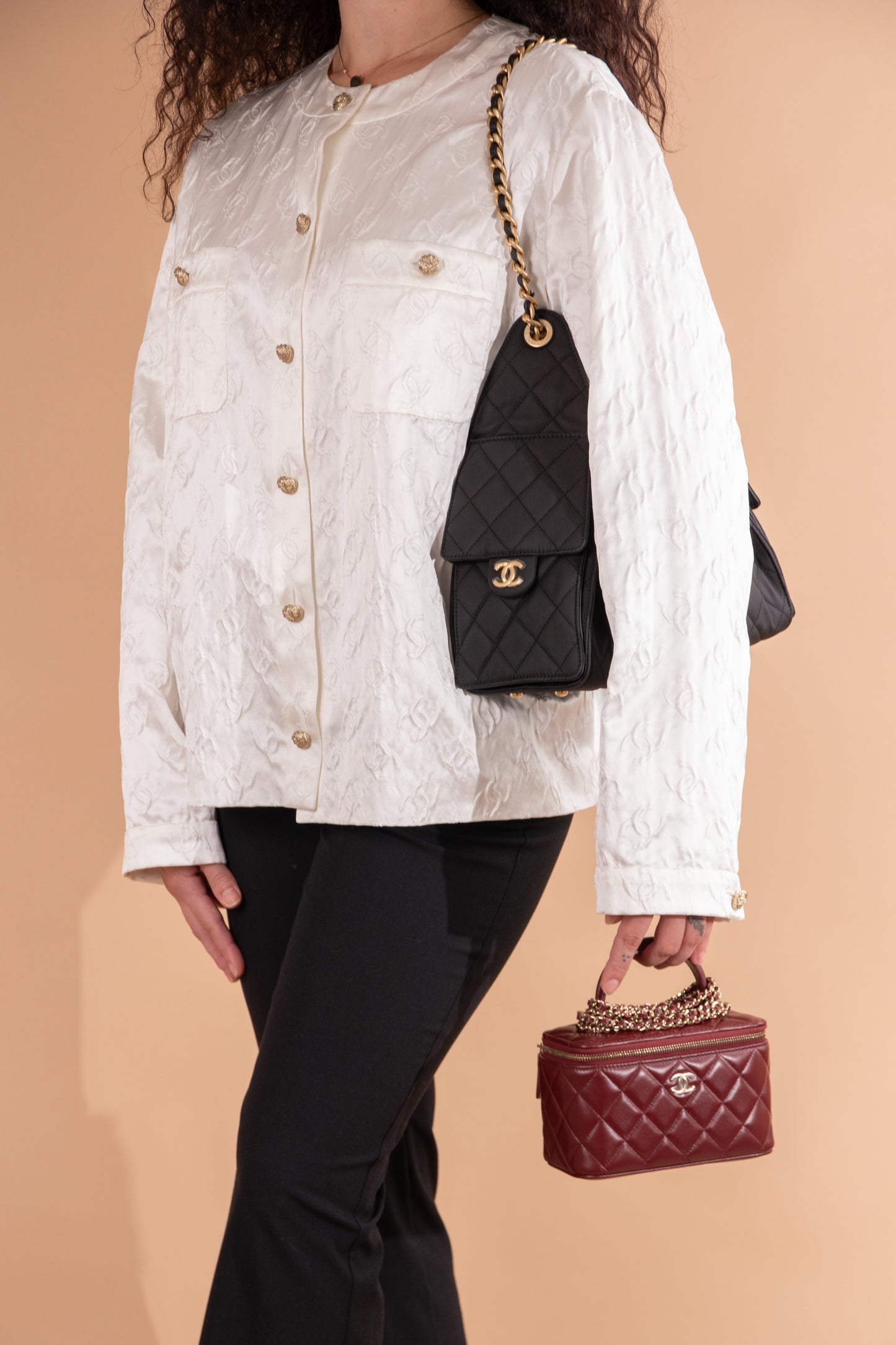 Chanel Burgundy Vanity Case with Chain & Black Canvas Hobo 25 Bag