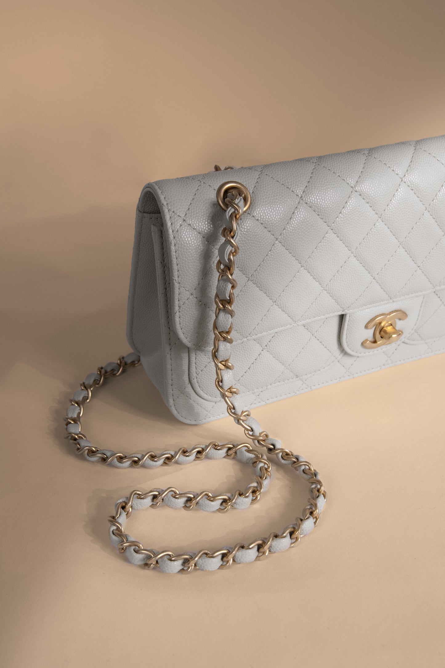 Chanel Medium Caviar Flap Bag in Grey with Front Pockets