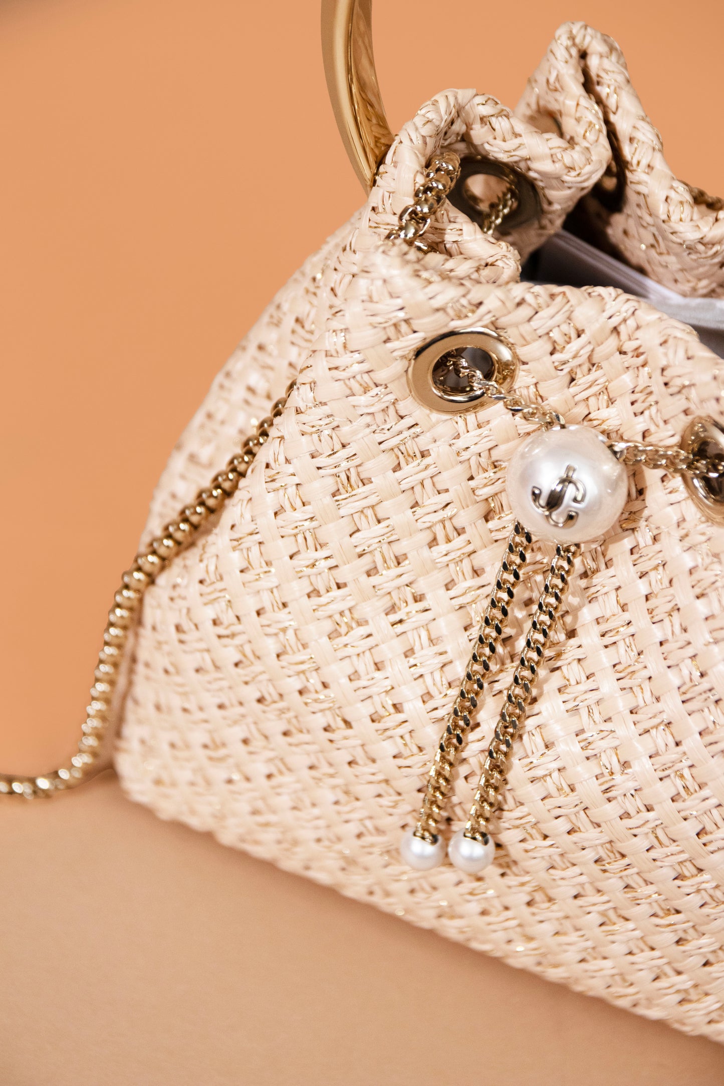 Jimmy Choo Bon Bon Natural Raffia Bag With Pearl Closure
