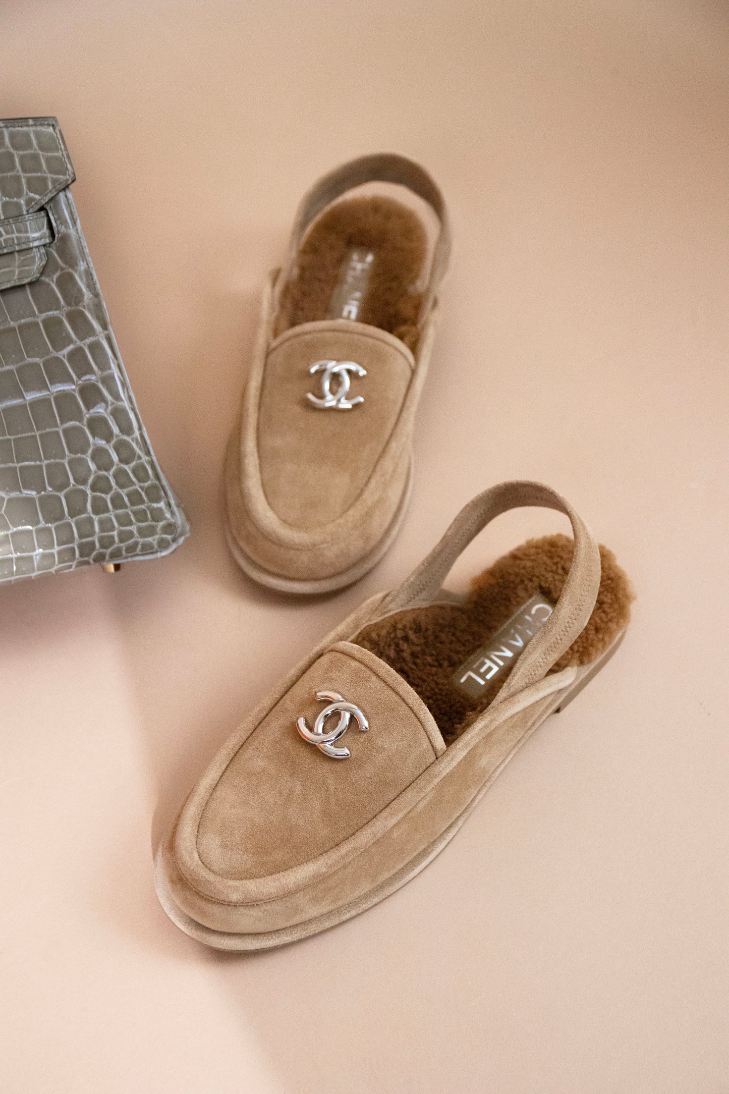Hermès Birkin 25 Shiny Crocodile Gris Tourterelle & Chanel Suede/Shearling Loafers