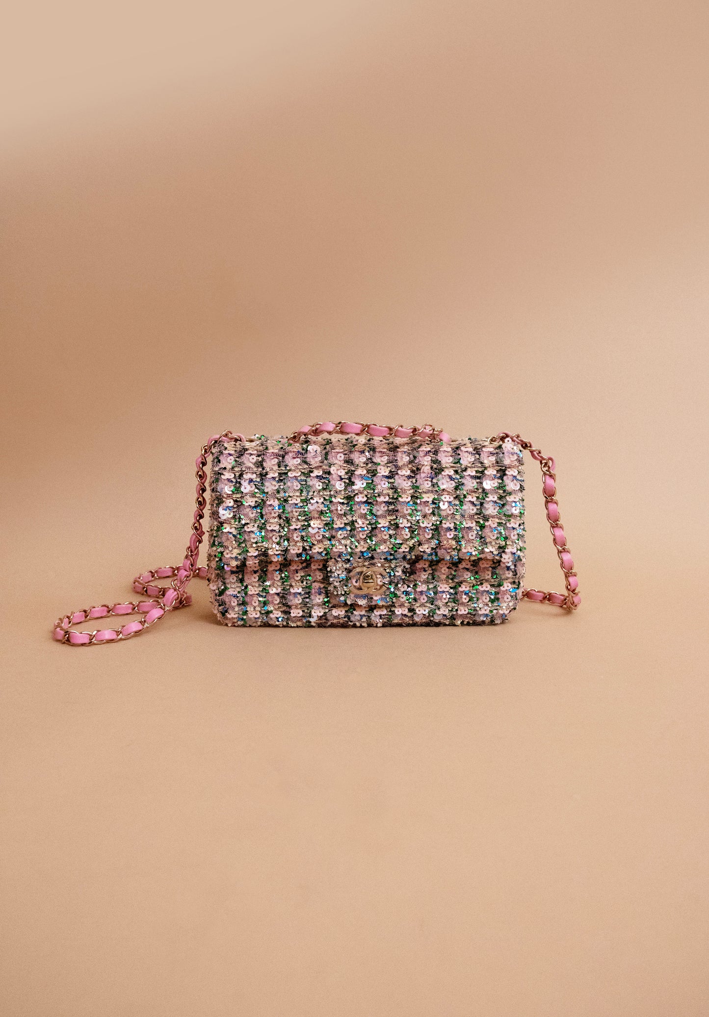 Chanel Small Sequins Flap Bag in Light Pink, Green & Yellow with Gold-Tone Metal