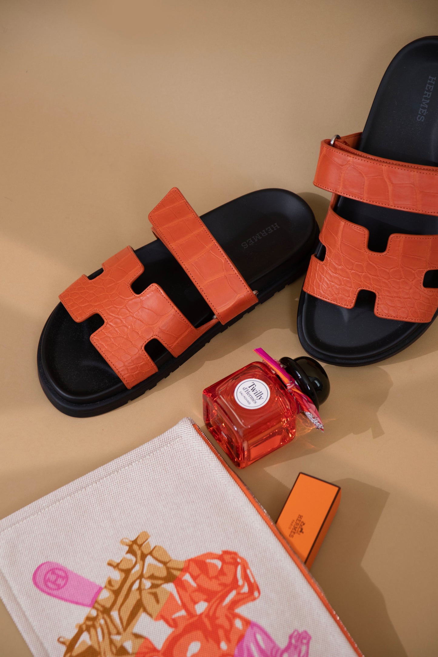 Hermès Chypre Sandals Matte Alligator in Orange Poppy & Succulent Sultan Case
