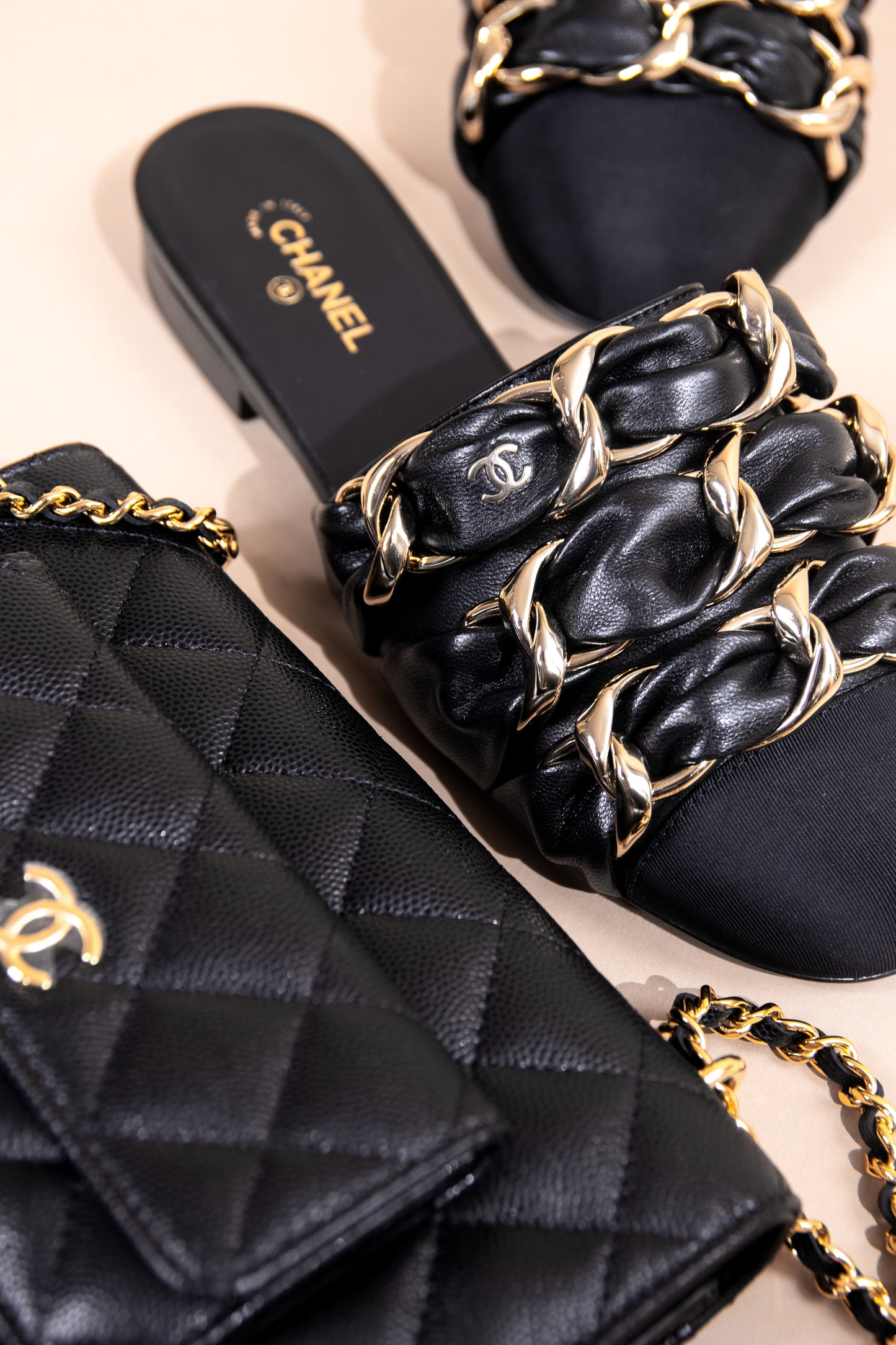 Chanel Black Chained Mules & Black Wallet on Chain