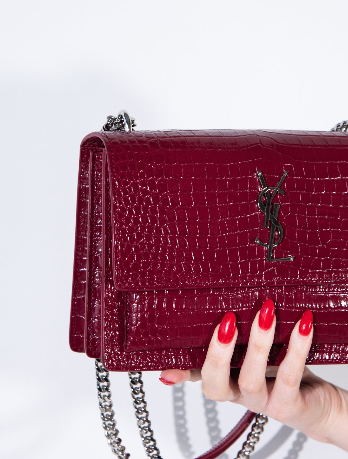 YSL Sunset Chain Wallet in Crocodile Embossed Leather