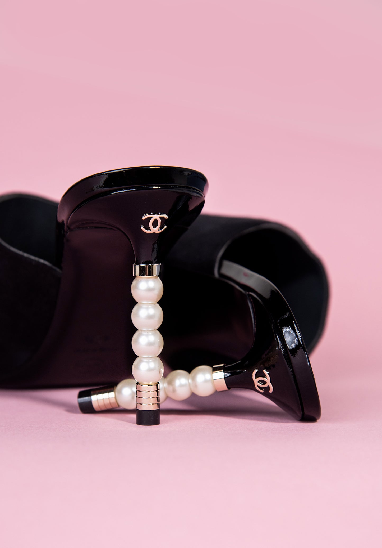 Chanel Logo Pearl Heeled Mules in Leather & Suede