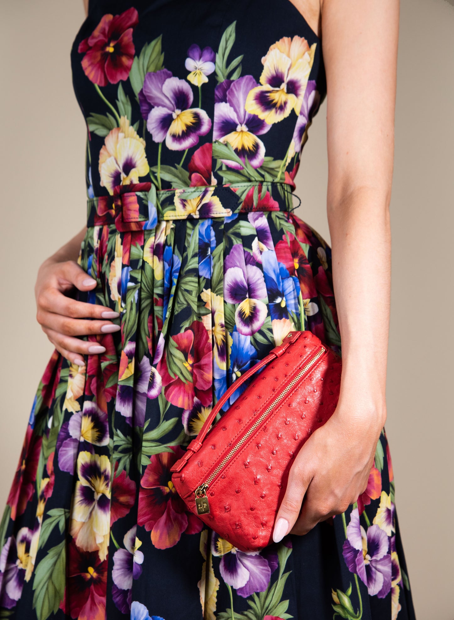 Oscar De La Renta Floral Dress with Loro Piana L19 Ostrich Rouge Pouch