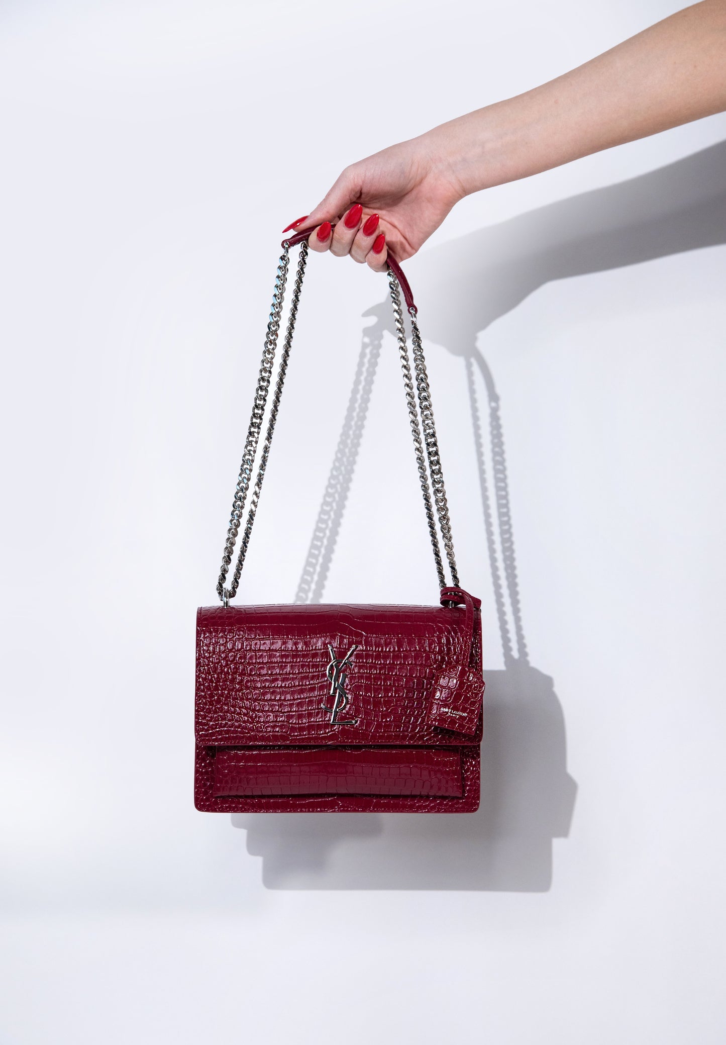 YSL Sunset Chain Wallet in Crocodile Embossed Leather