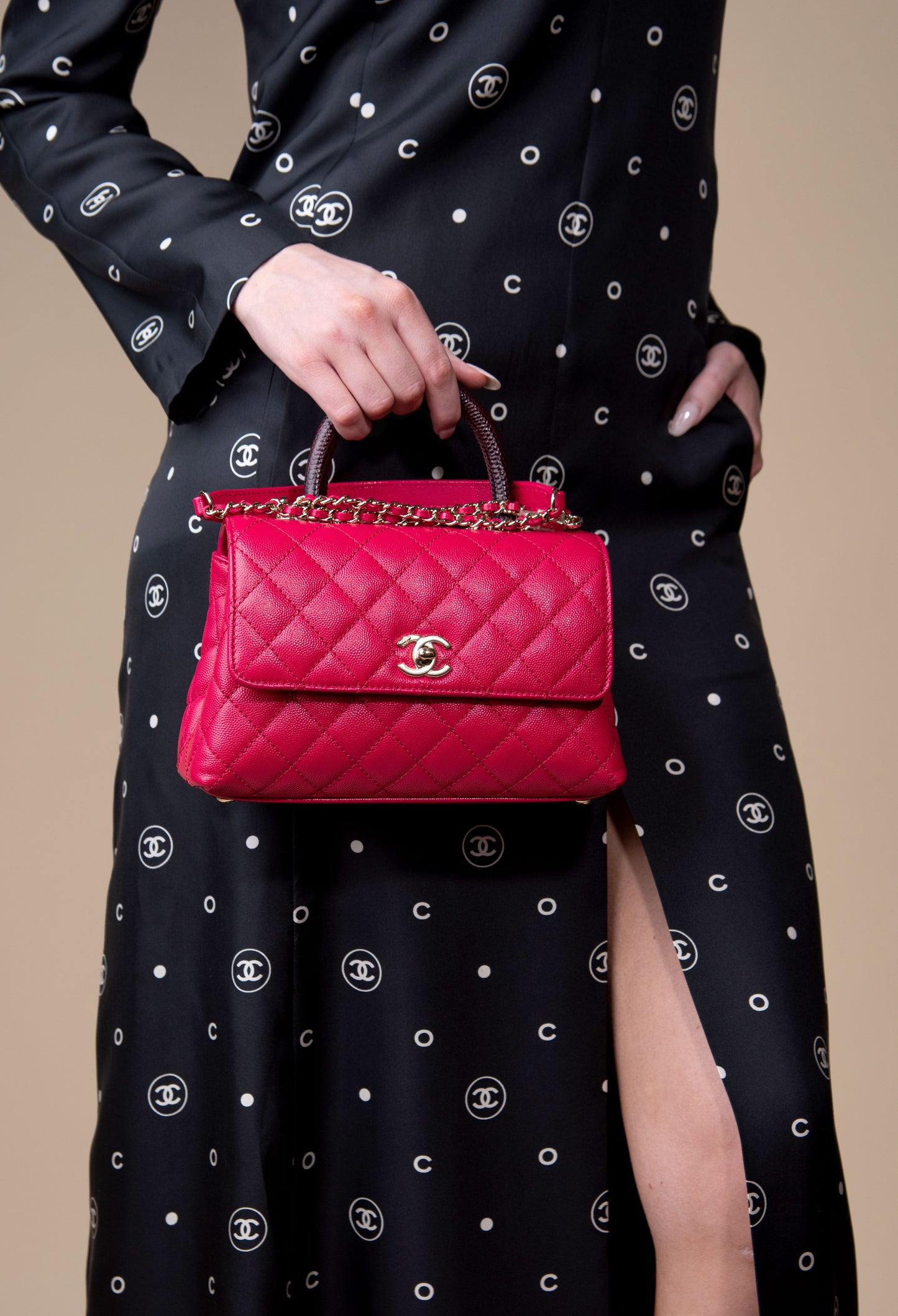 Chanel Coco Handle Caviar Raspberry with Embossed Lizard Handle
