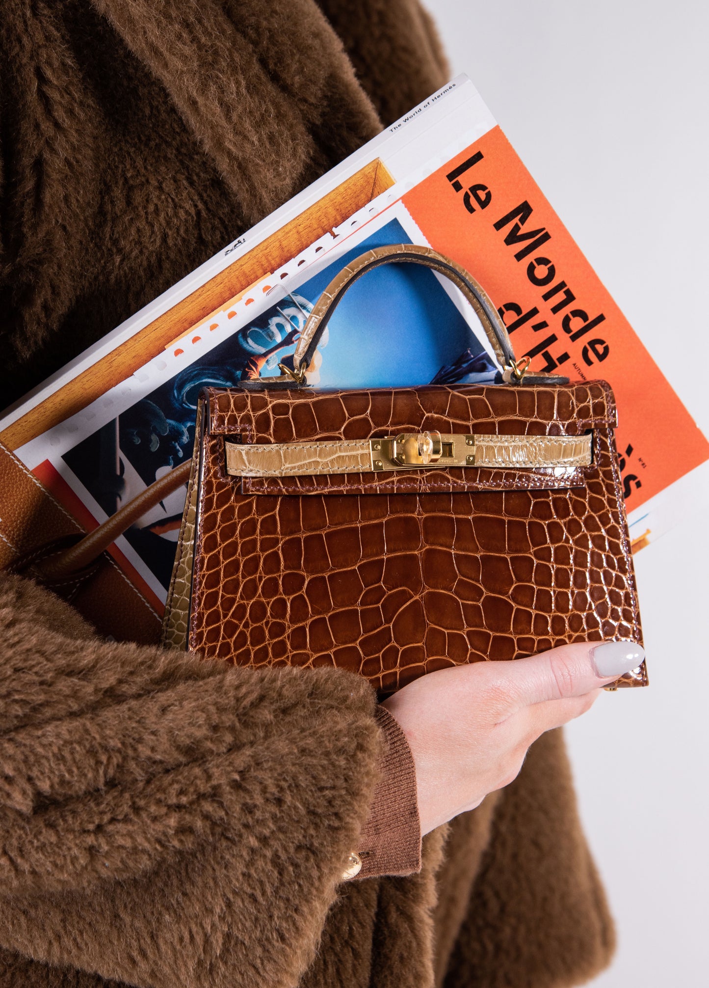 Hermès - HSS Mini Kelly 20 Shiny Crocodile in Beige Sable/Miel GHW