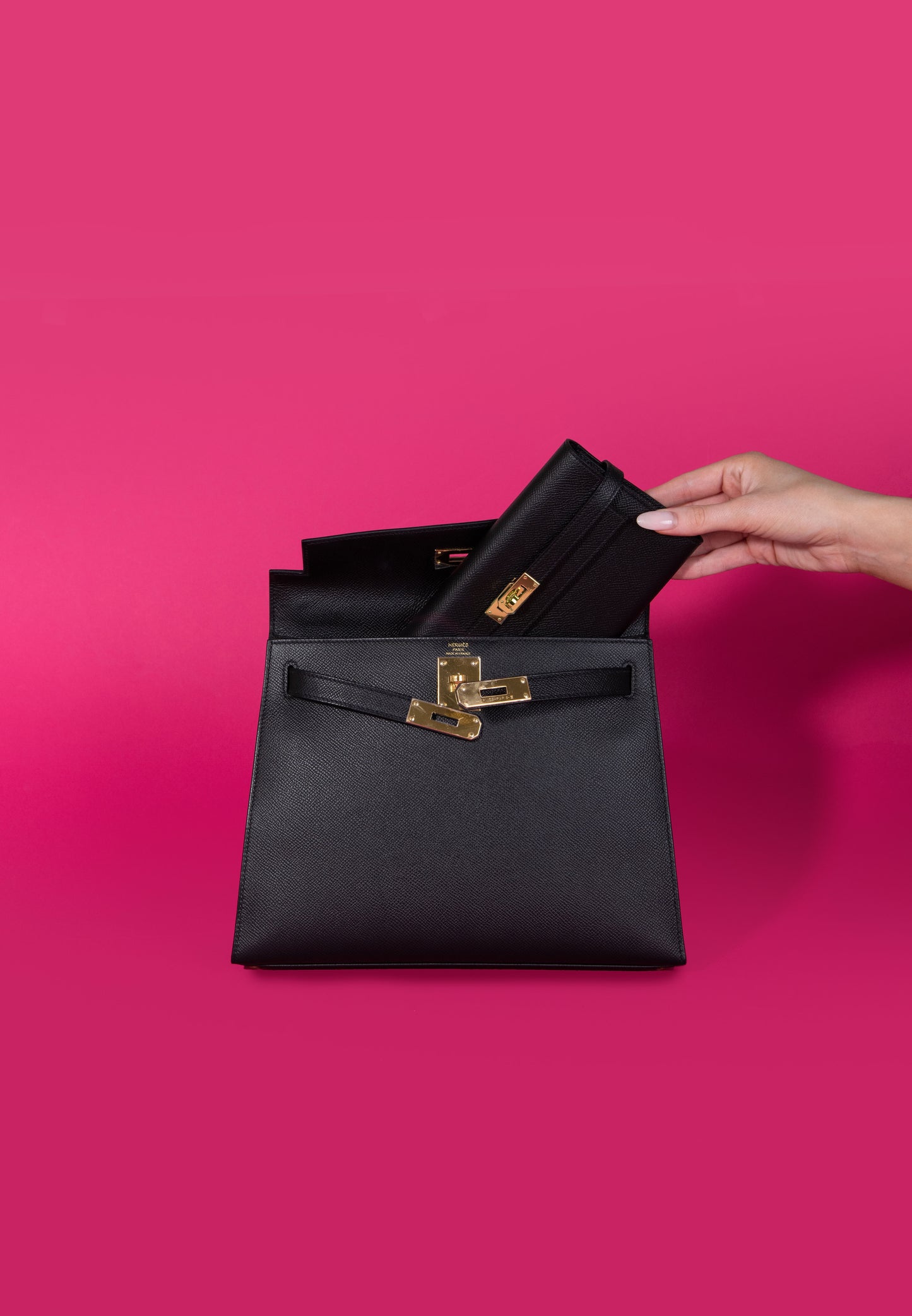 Hermès - Kelly 28 in Black Sellier & Kelly Black Long Wallet GHW
