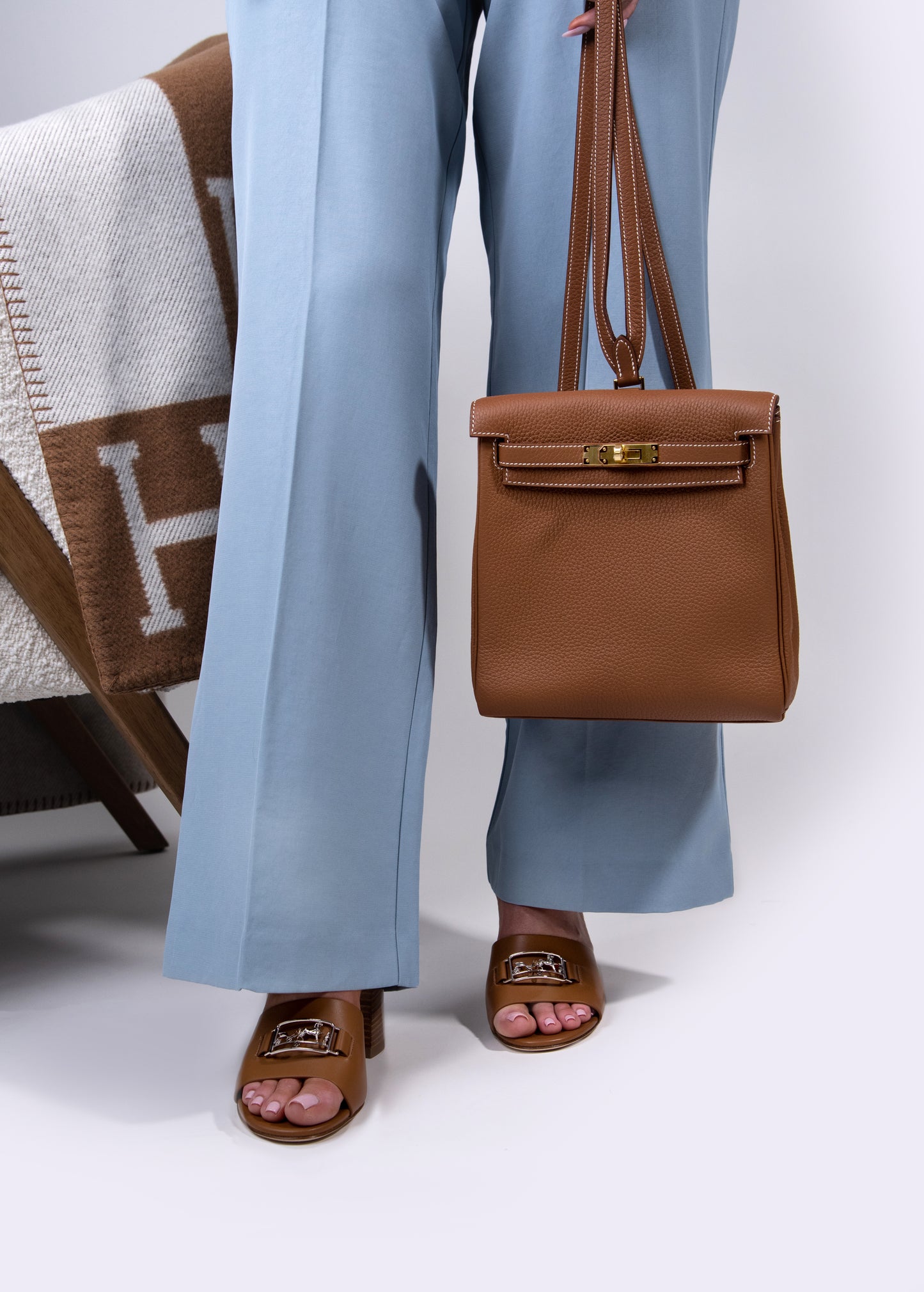 Hermès - Taurillon Clemence Kelly Ado Backpack in Gold GHW