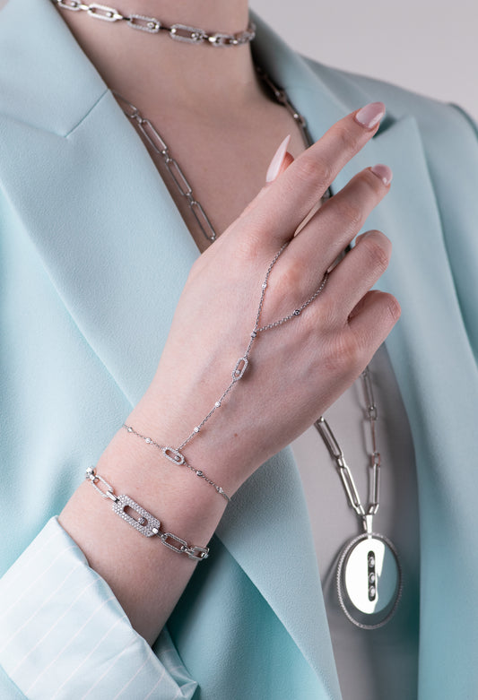 Messika White Gold Diamond Hand Chain Bracelet and Move Uno Pave Bracelet