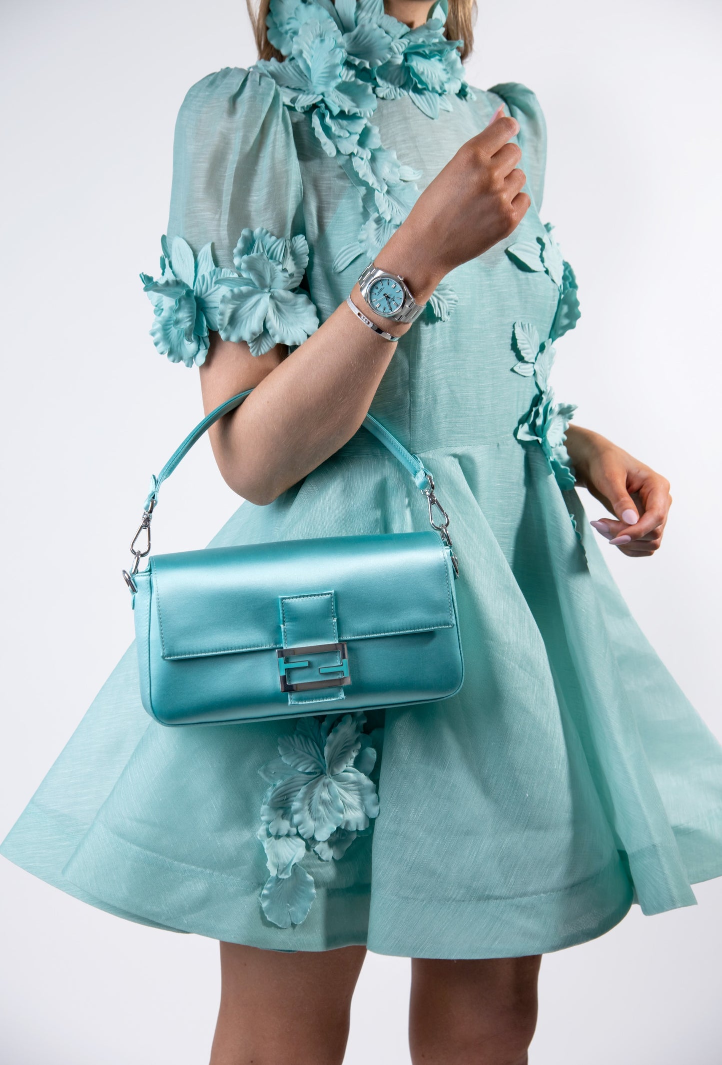 Fendi X Tiffany & Co Medium Baguette in Tiffany Blue & Silk Satin with Rolex Oyster Perpetual Watch in Turquoise